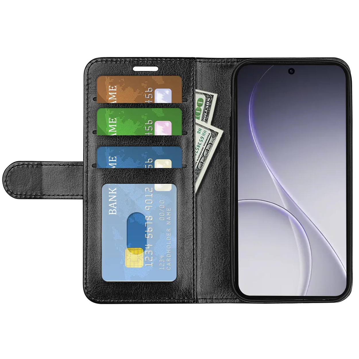 Zwarte portemonneehoes met telefoon, kaarten en contant geld.