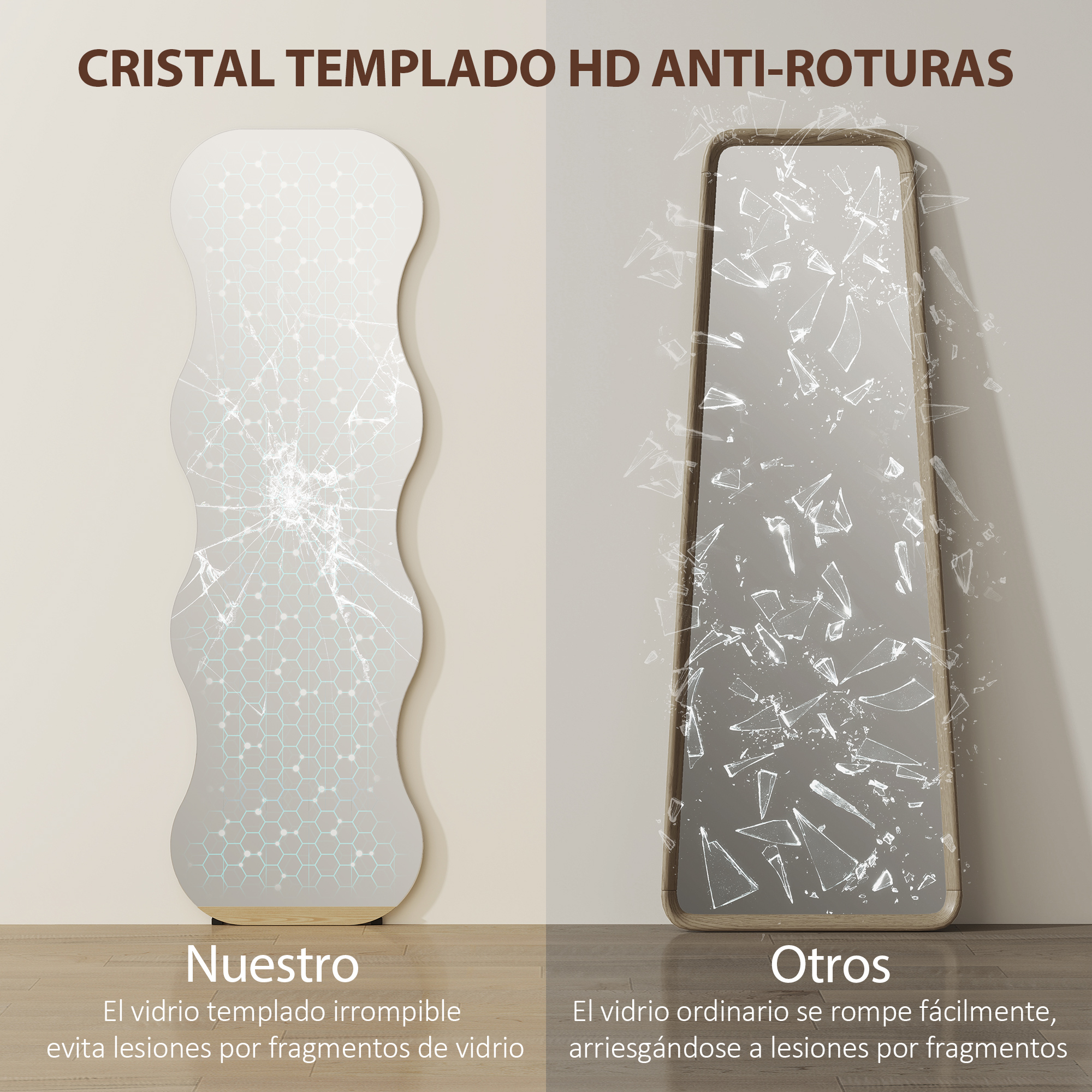 Comparación de dos espejos: uno irrompible, el otro hecho añicos.