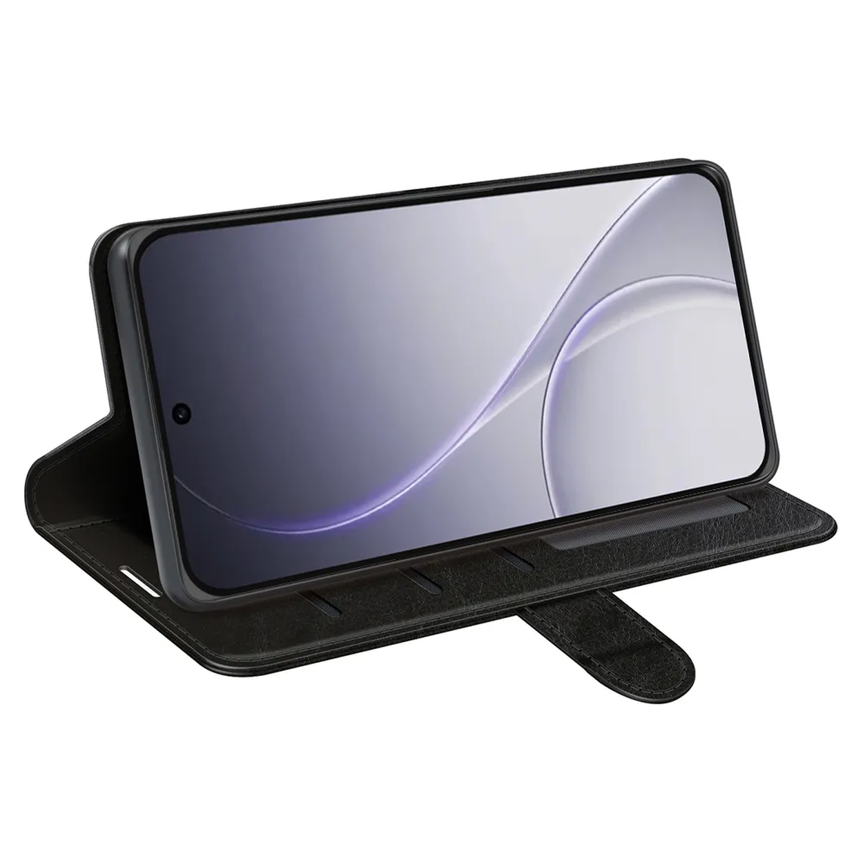 Zwarte smartphone in een open flipcase met een patroon op het scherm.