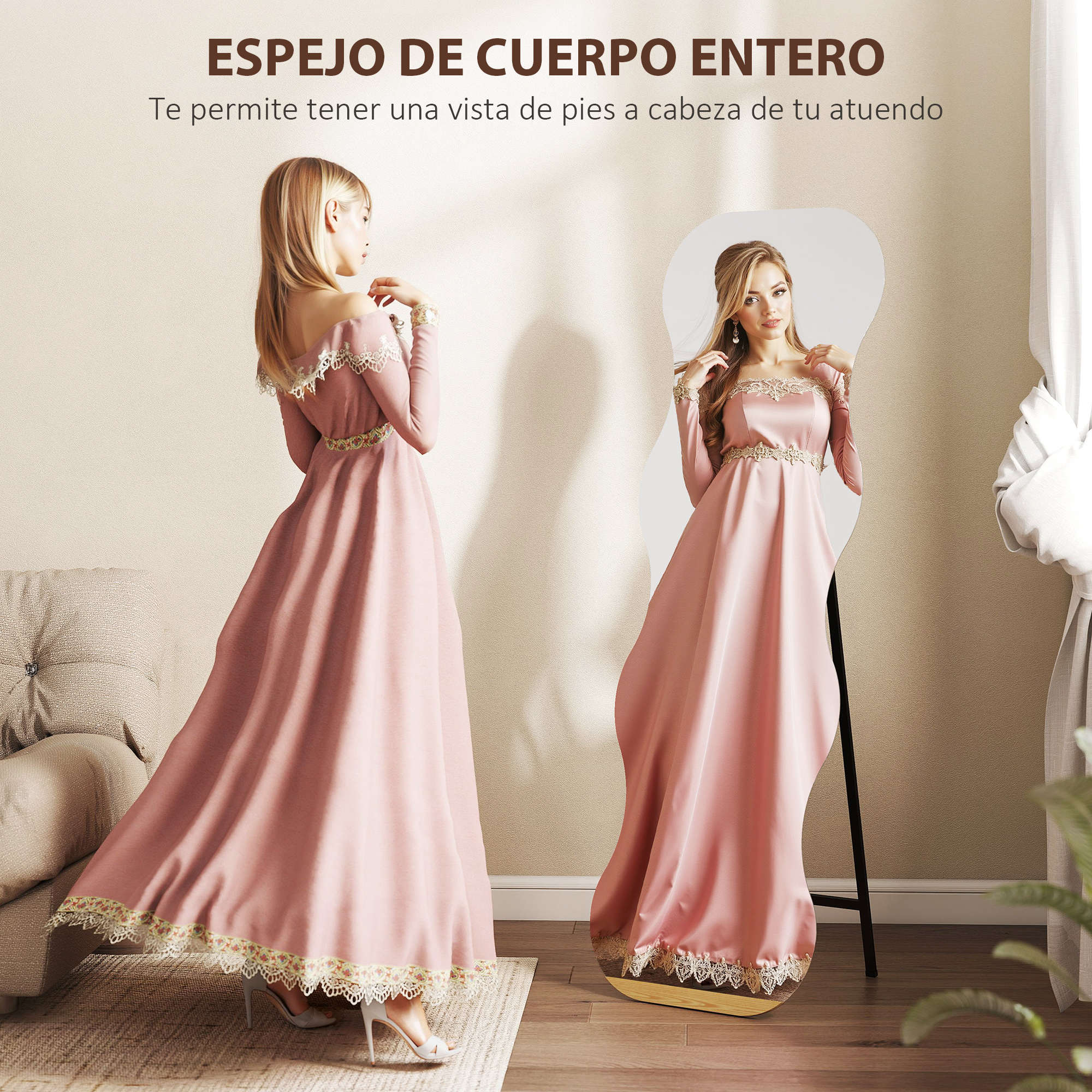 Una mujer con un vestido rosa se para frente a un espejo de cuerpo entero.