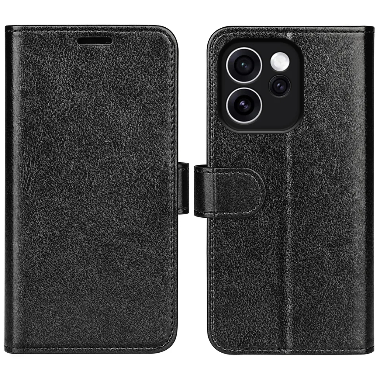 Een zwarte leren telefoonhoes met camera-uitsparing wordt getoond.