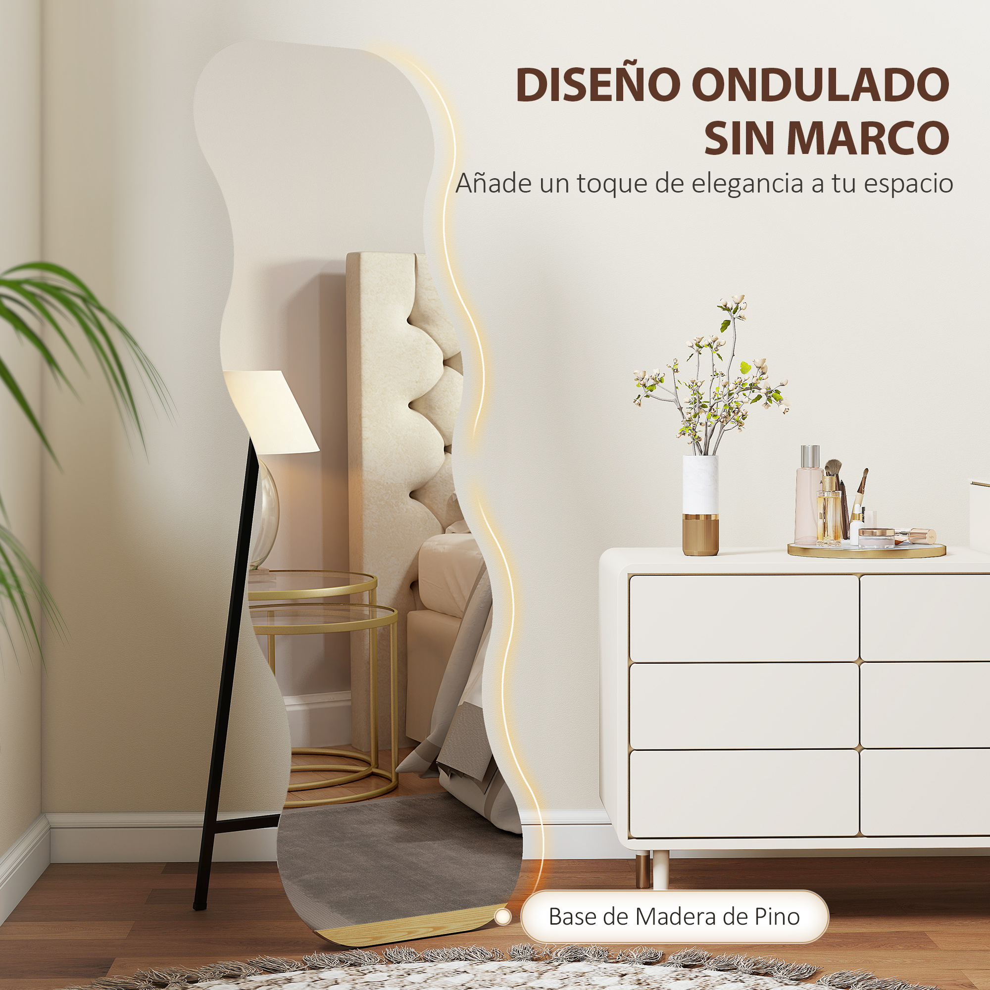 Un espejo de diseño ondulado junto a una cama y un tocador.