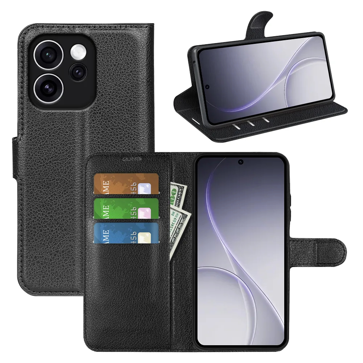 Étui portefeuille en cuir noir avec cartes et argent, et un téléphone sur support.