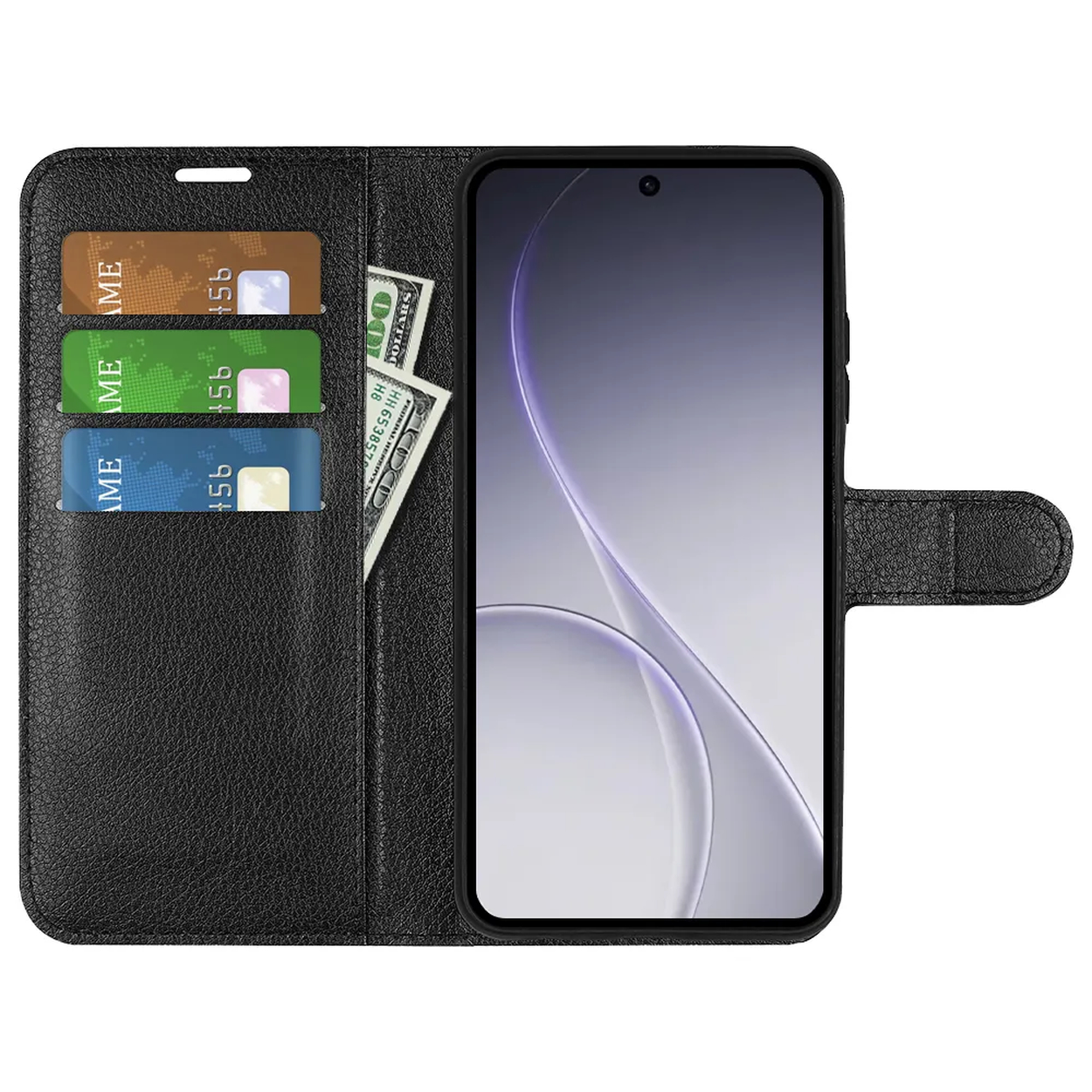 Portefeuille noir pour téléphone avec trois fentes pour cartes et argent.