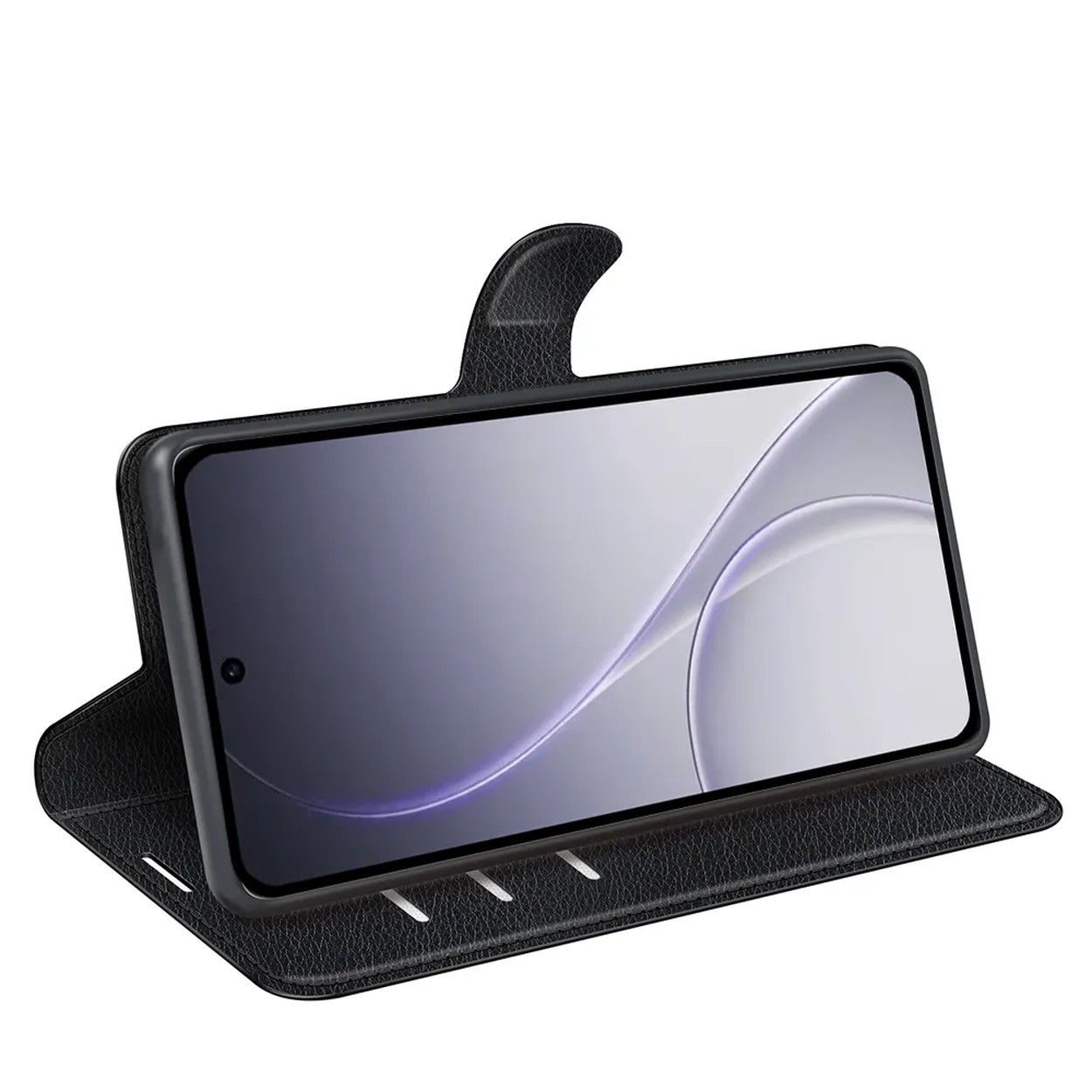 Téléphone portable noir dans un étui à rabat avec motif écran.