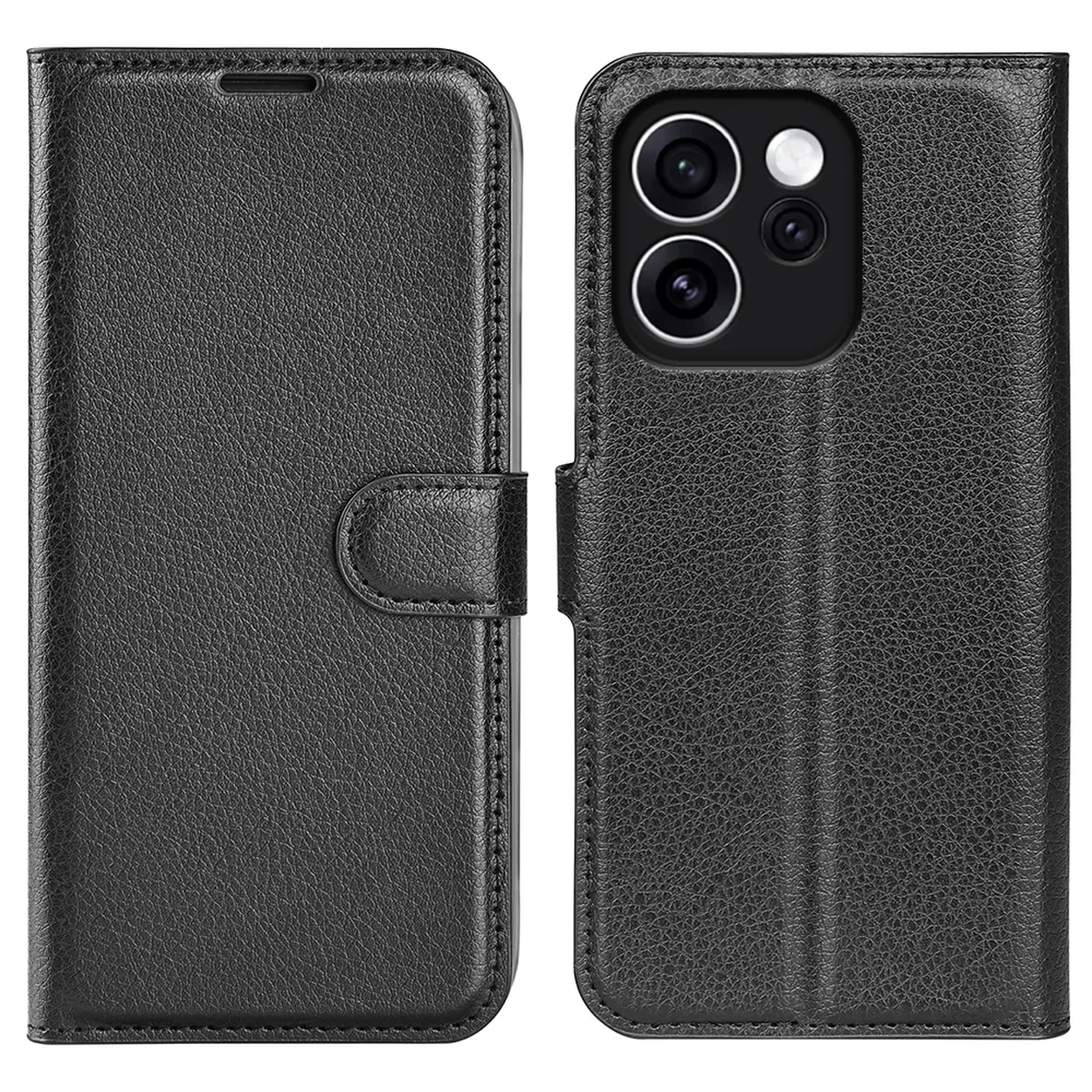Étui de téléphone en cuir noir avec découpe caméra et fermeture magnétique.