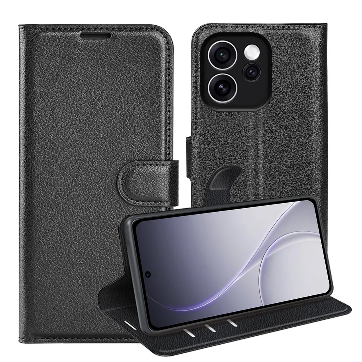 Étui à rabat en cuir noir pour smartphone avec triple appareil photo.
