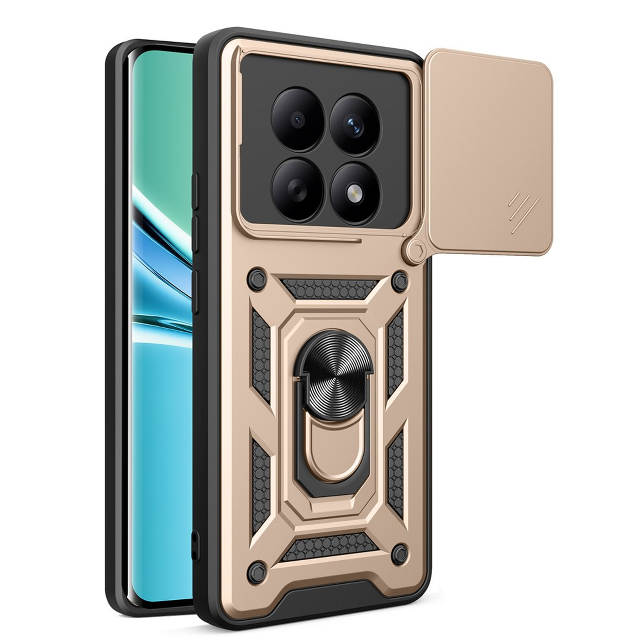 Une coque dorée pour téléphone avec quatre caméras, un support bague et un cache coulissant.