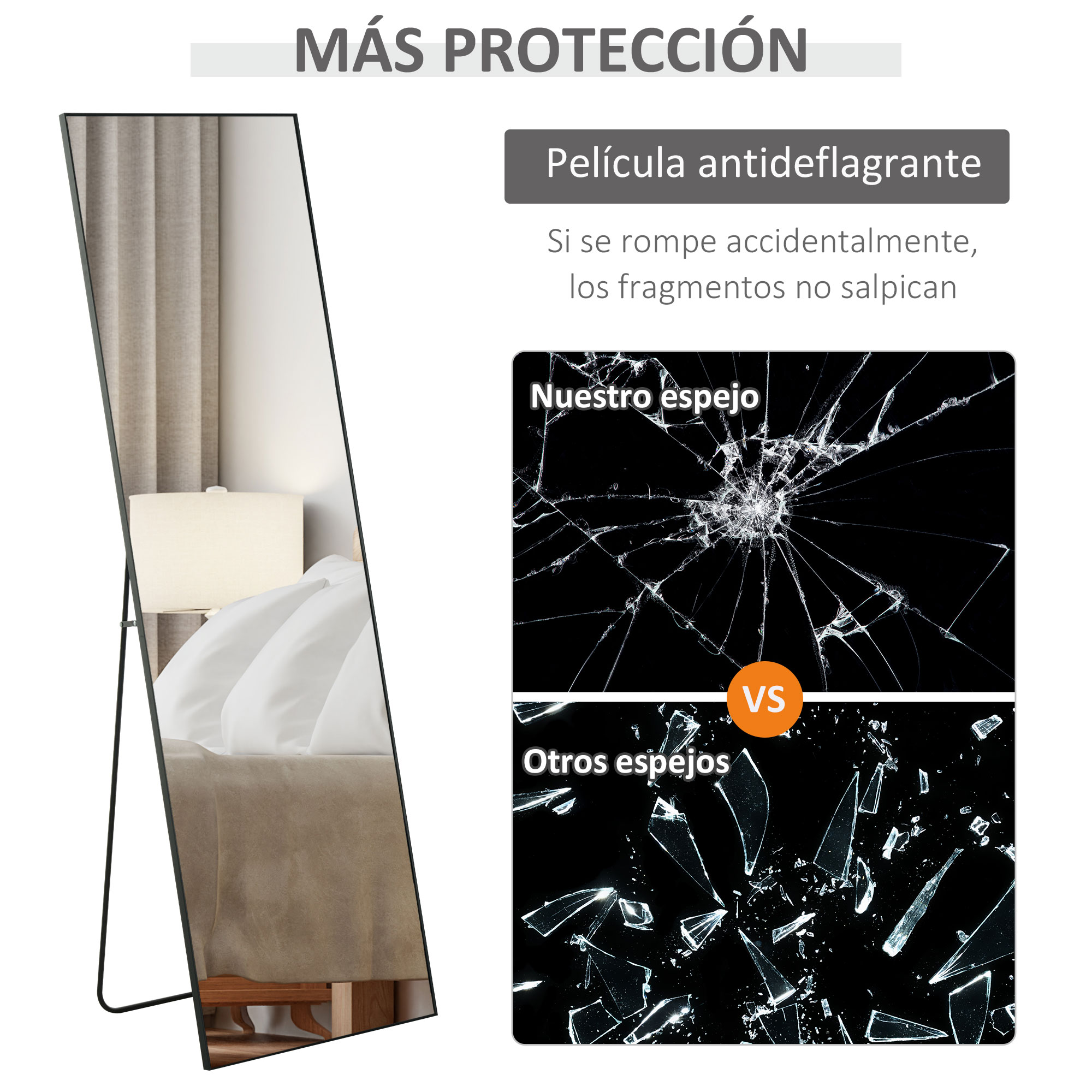 Un espejo de cuerpo entero con marco negro, mostrando una imagen rota.