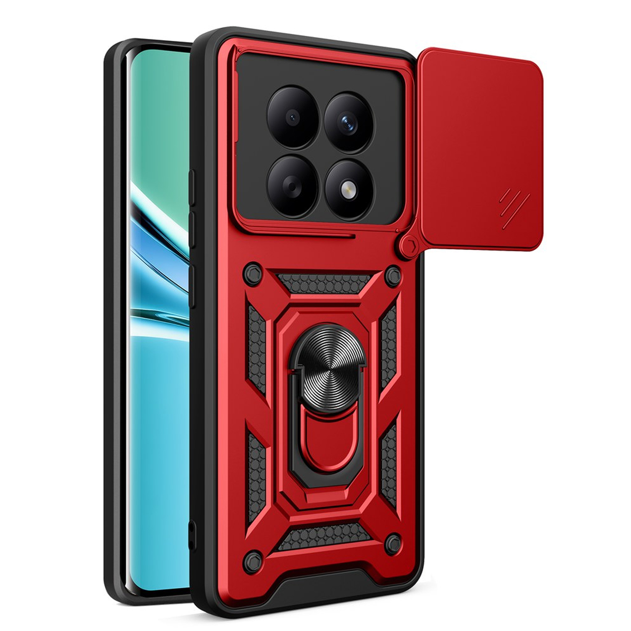 Rode telefoonhoes met vier camera's en schuifdeksel, met ringhouder.
