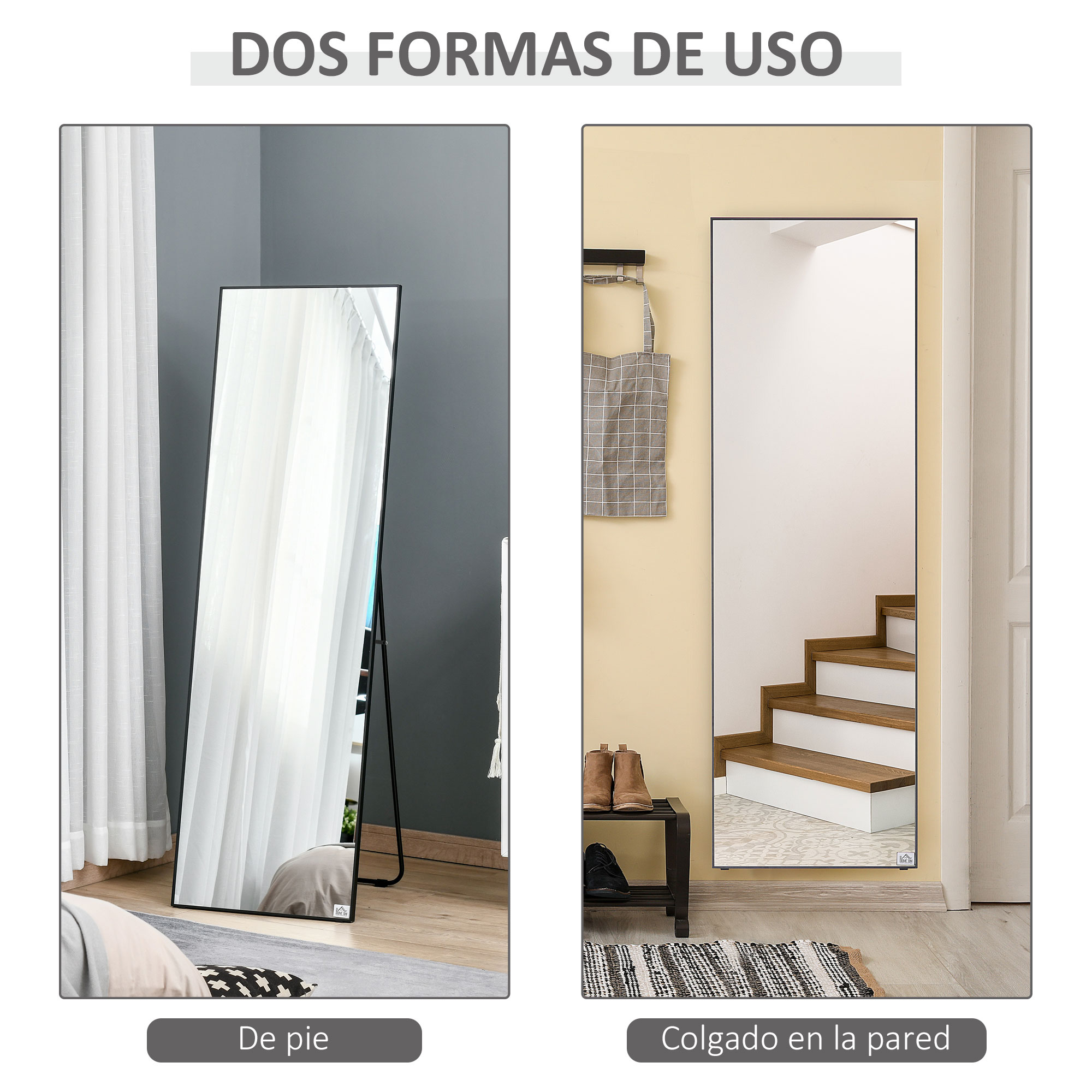 Un espejo de cuerpo entero está de pie y colgado en la pared.