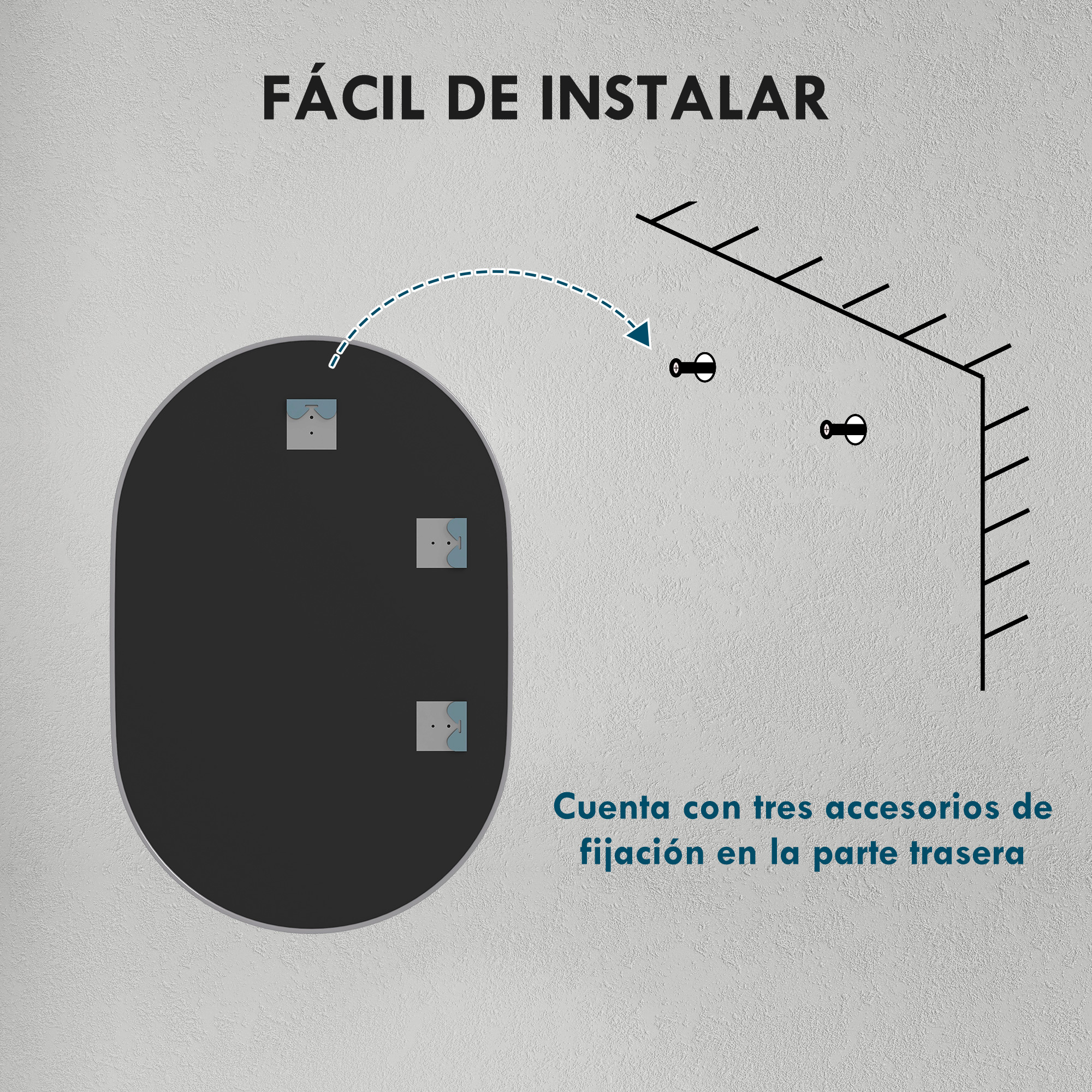 Muestra un espejo y sus accesorios de pared.