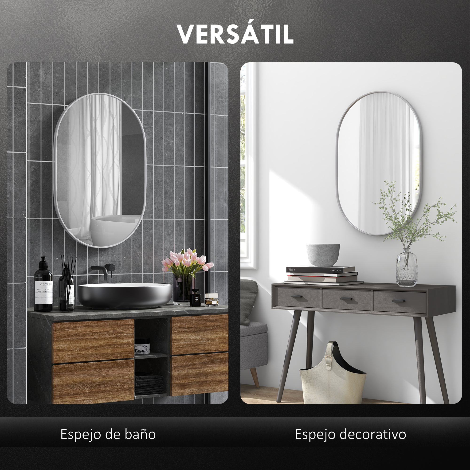 Dos espejos sobre muebles: una configuración de baño con lavabo y una de decoración.