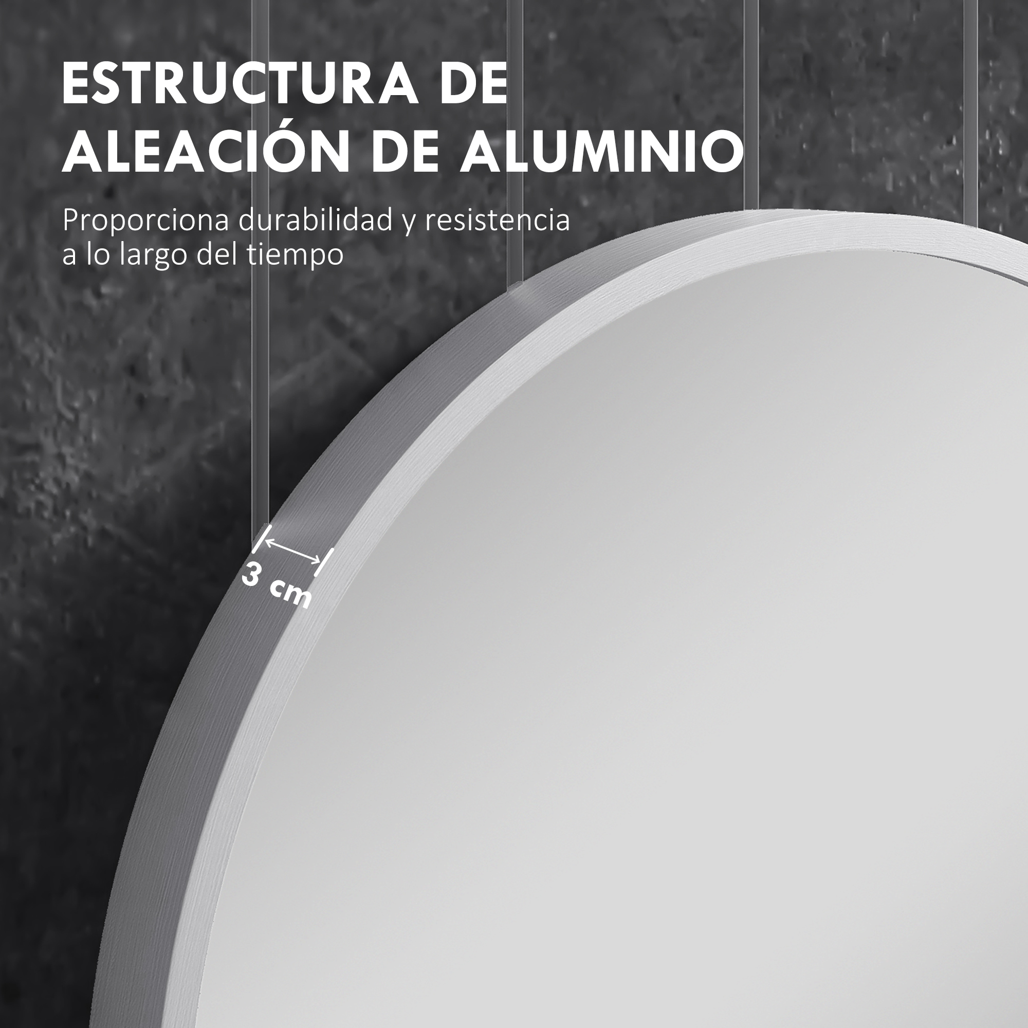 Primer plano de un espejo redondo con marco de aluminio de 3 cm.
