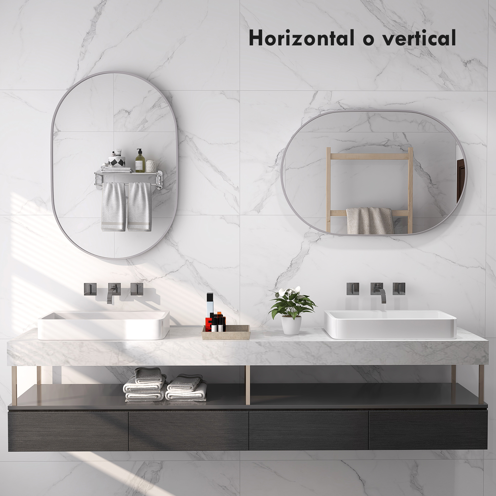 Baño con dos lavabos, espejos y azulejos de mármol.