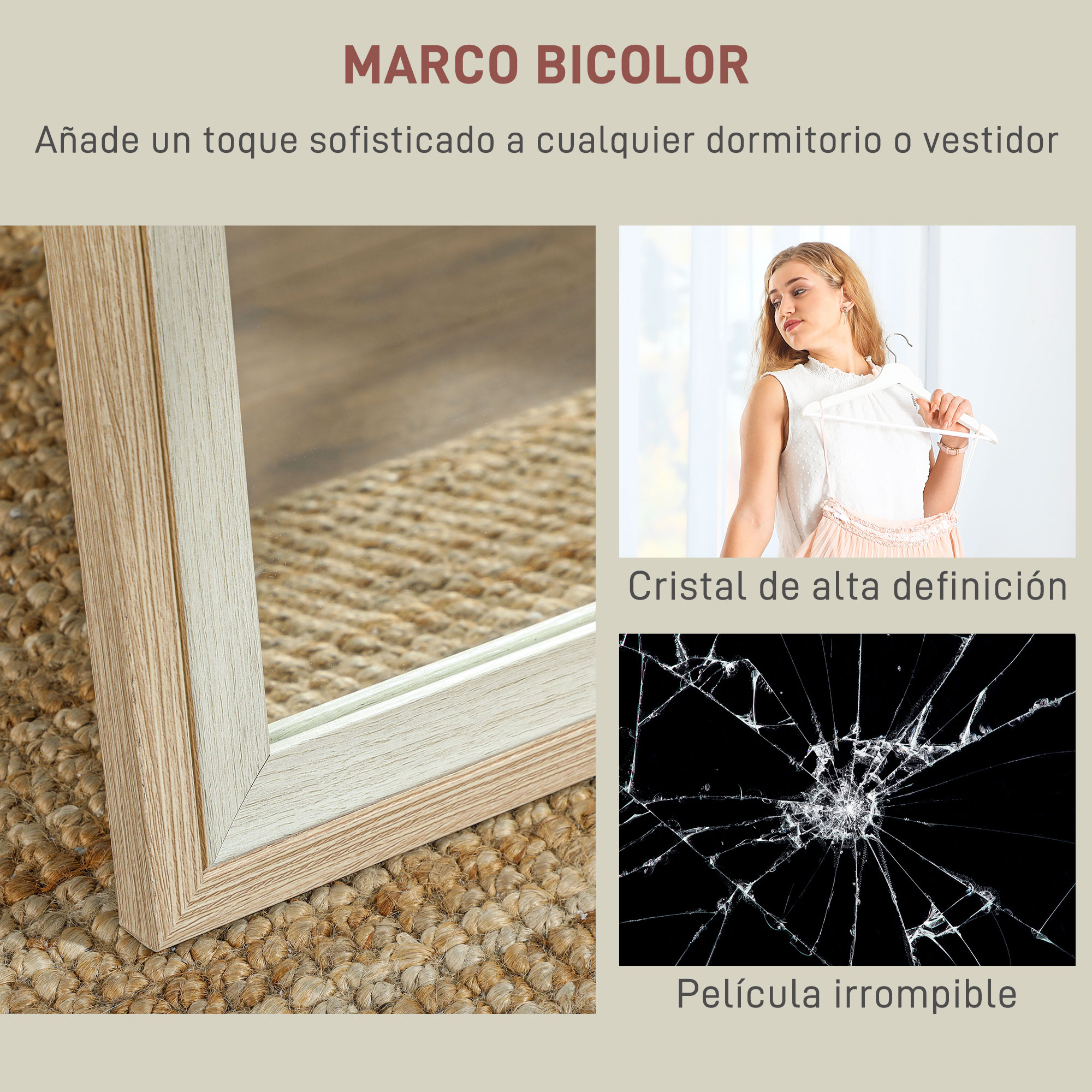 Marco bicolor con mujer sosteniendo ropa. Vidrio roto.