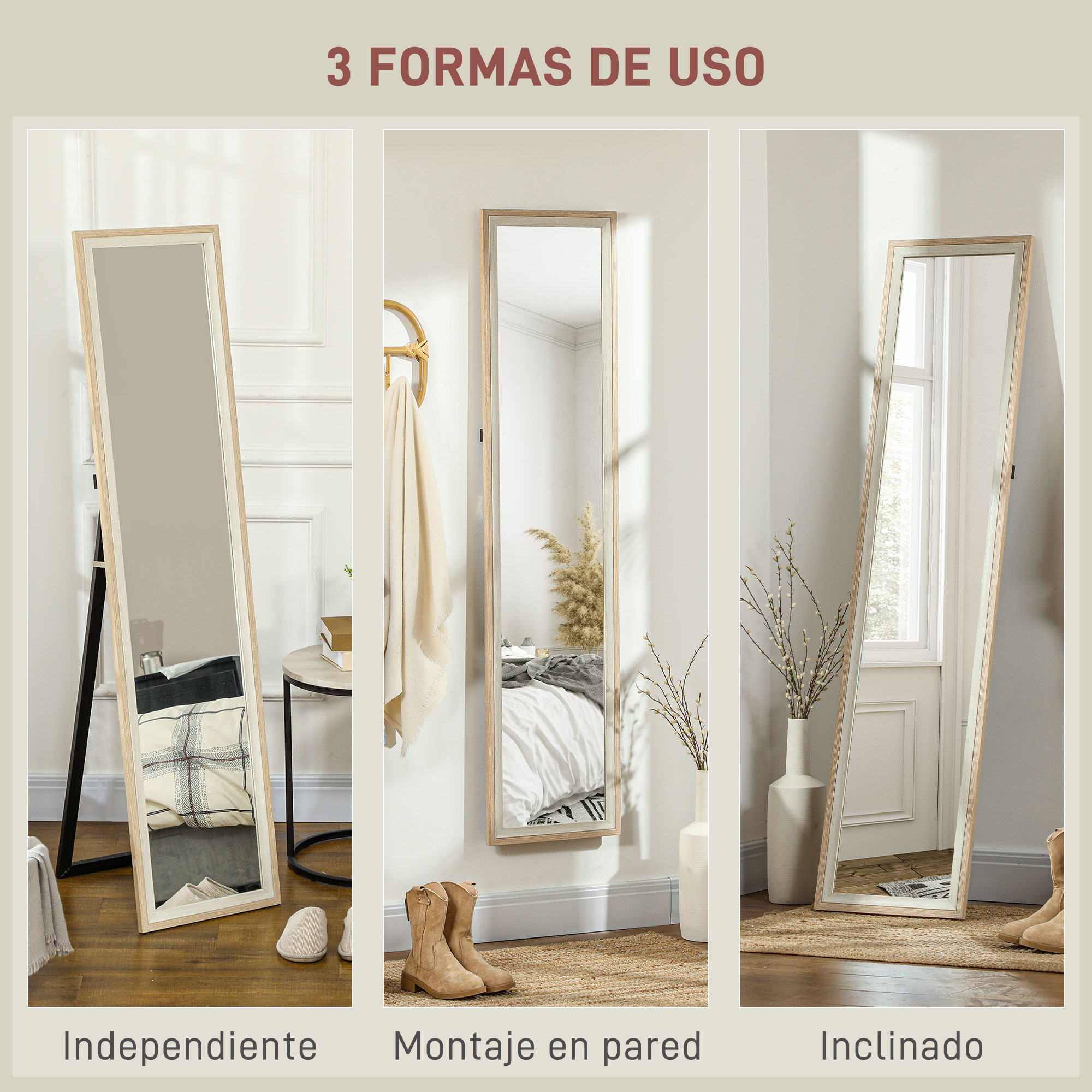 Tres espejos: independiente, montado en pared, inclinado.