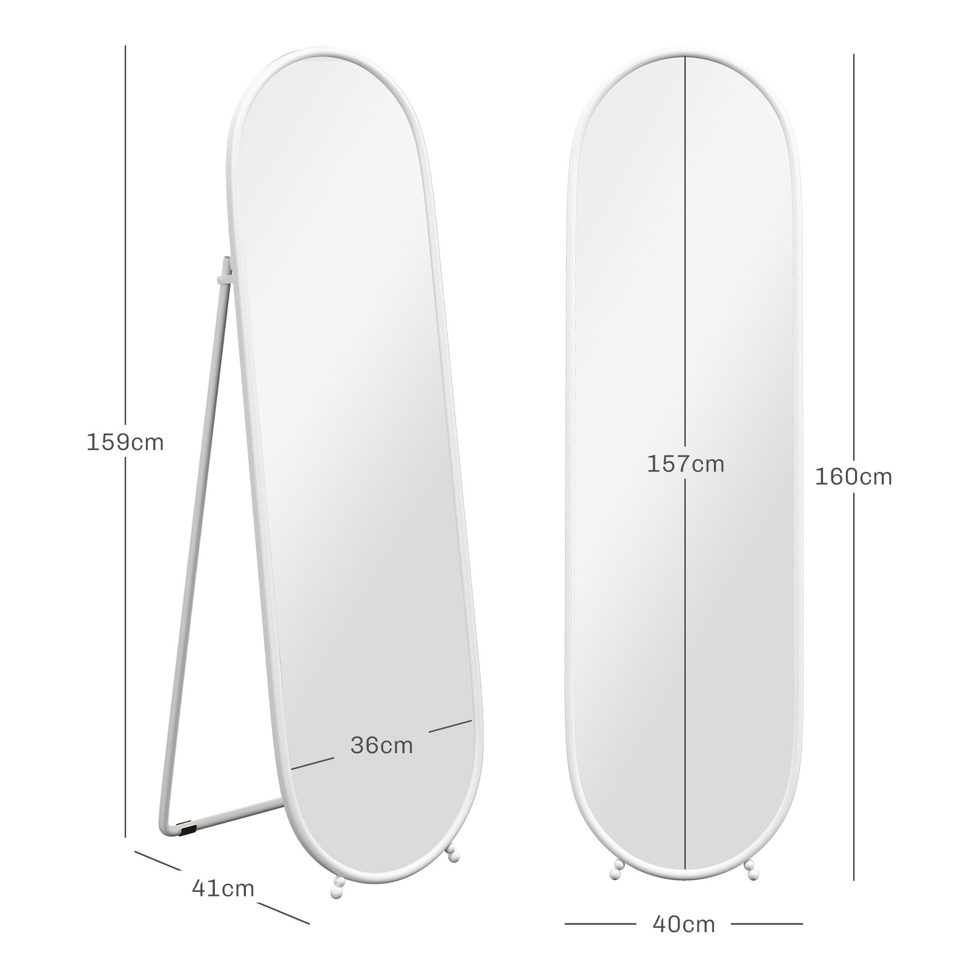 Dos espejos de pie ovalados blancos con dimensiones. Uno mide 159cm de alto, 36cm de ancho, 41cm de profundidad.