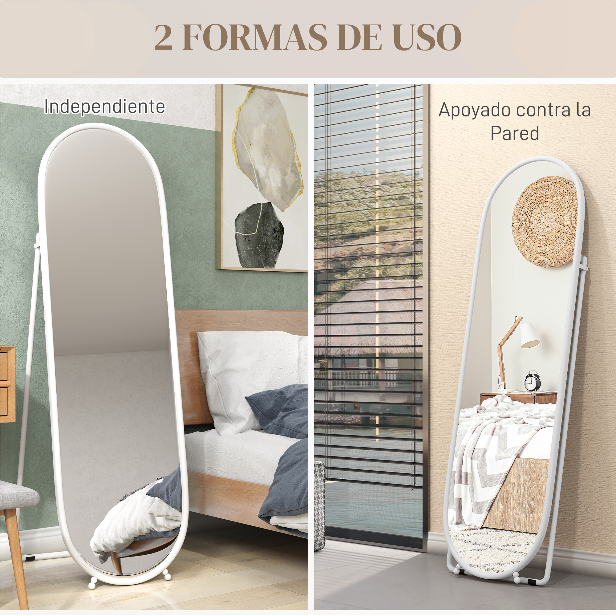 Un espejo de cuerpo entero, de pie y apoyado, con cama y mesita de noche al fondo.