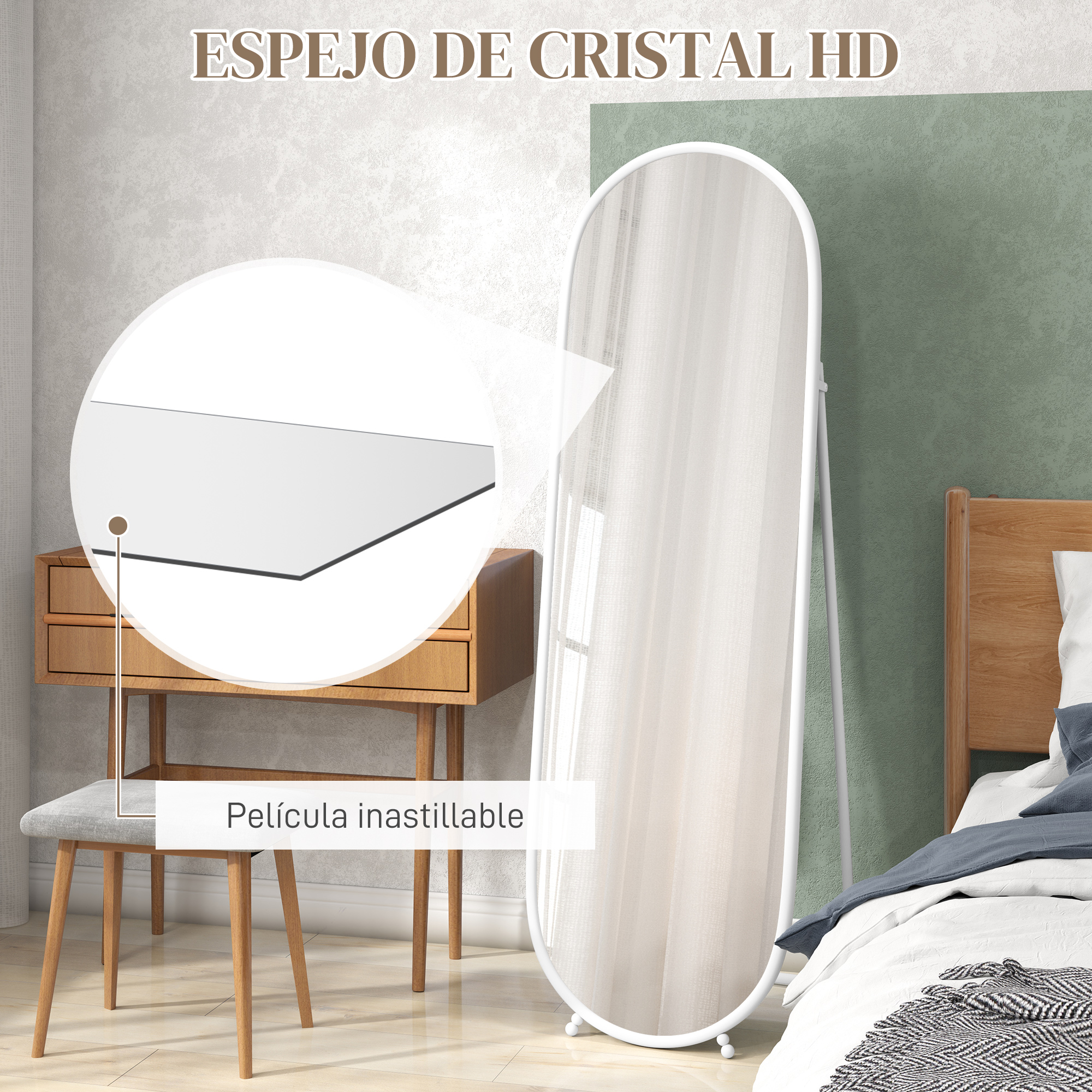 Un espejo ovalado se alza junto a una cama con una cómoda de madera y un taburete.