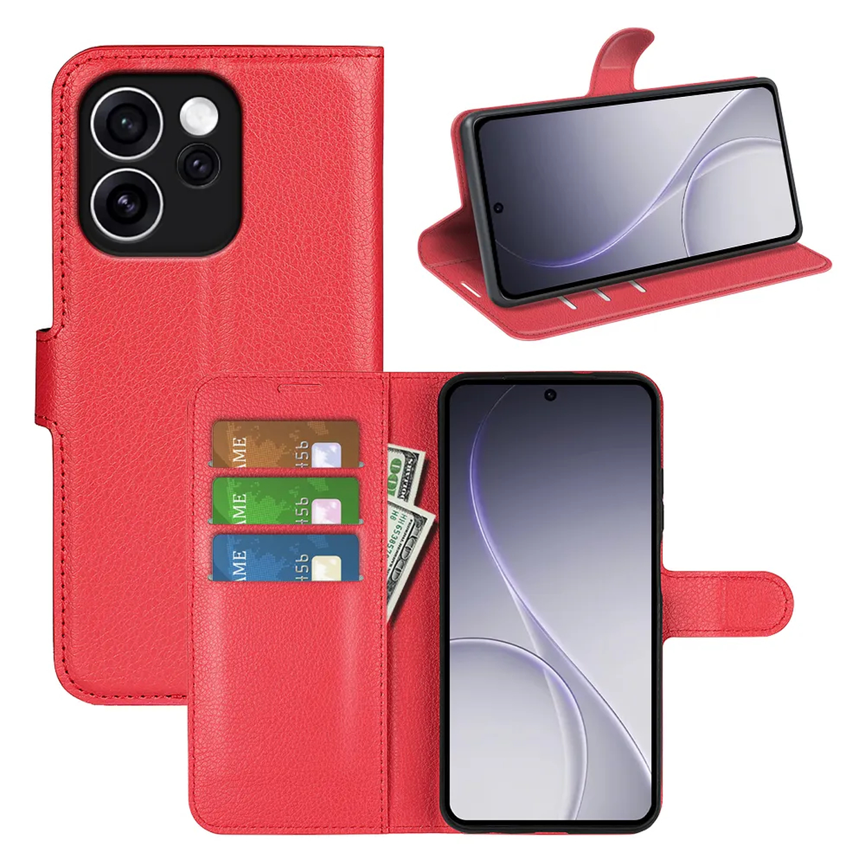 Étui de téléphone rouge avec fentes pour cartes et argent.