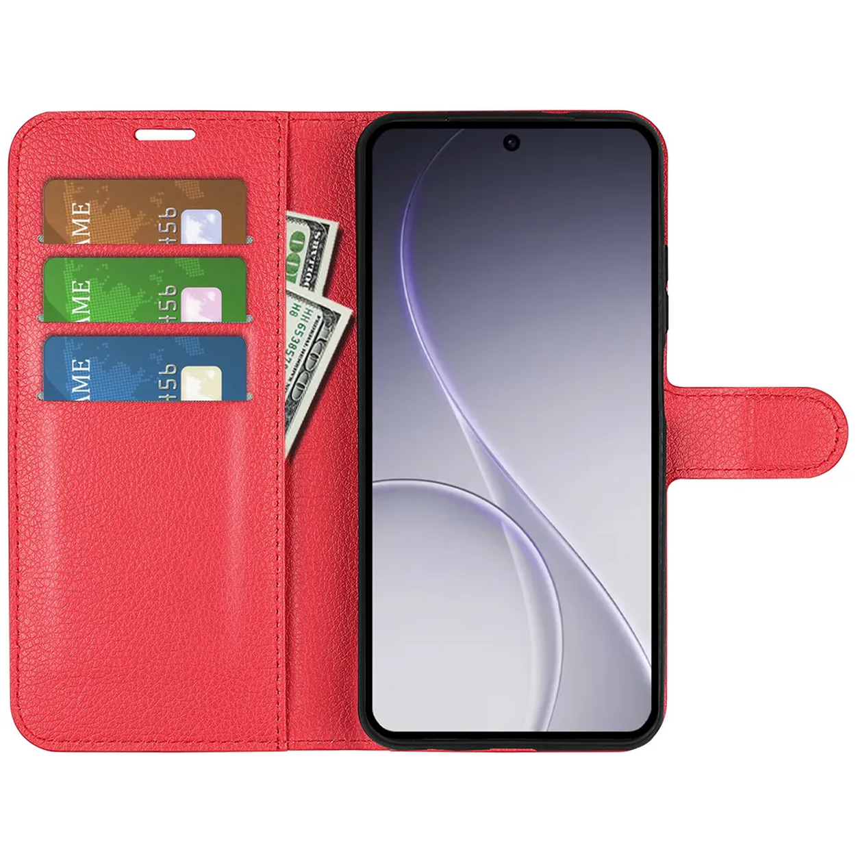 Étui de téléphone rouge avec fentes pour cartes et poche à billets.