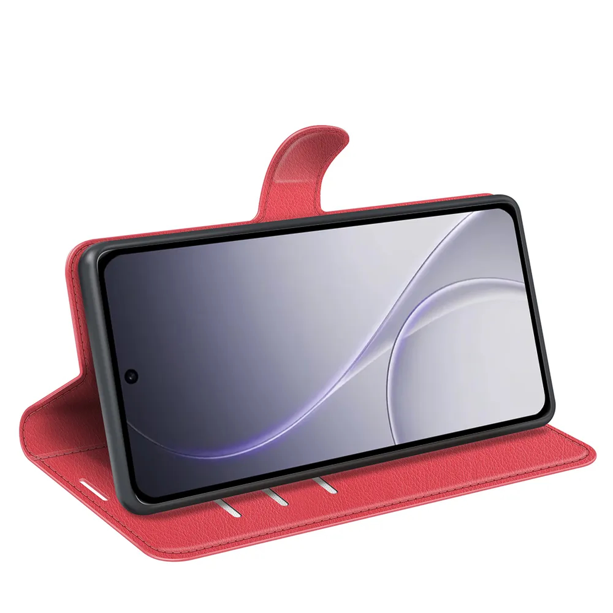 Étui de téléphone à clapet rouge ouvert, montrant un smartphone.
