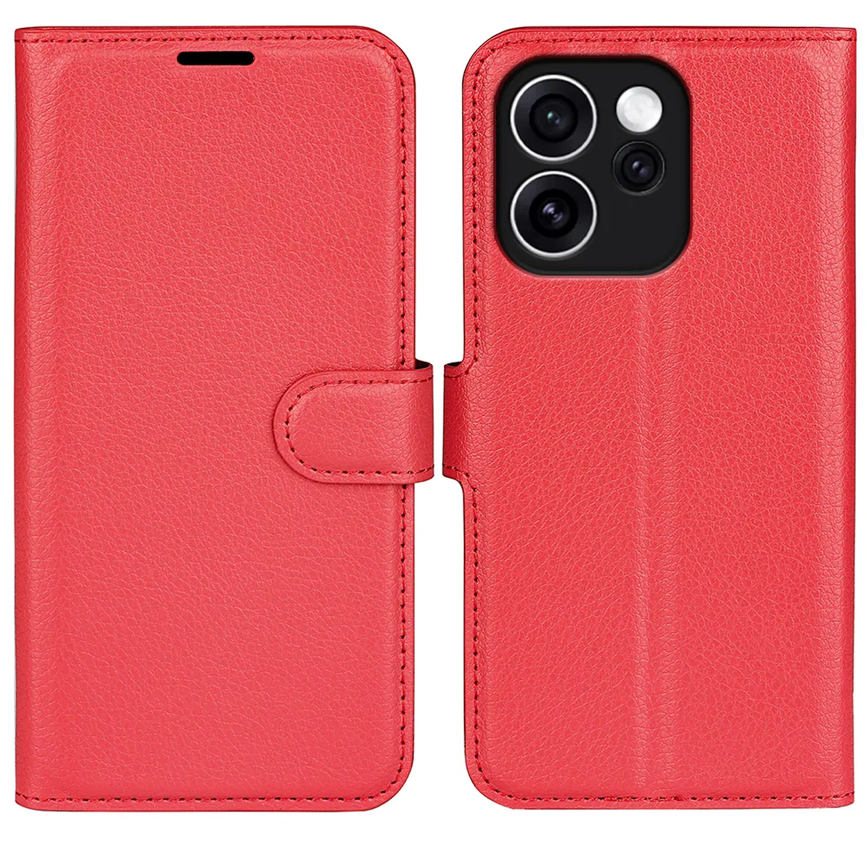 Étui rouge en cuir pour téléphone avec découpe caméra et fermeture magnétique.