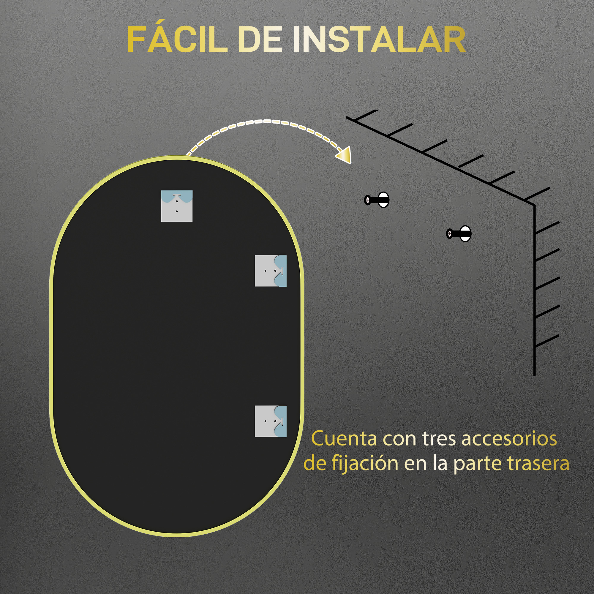 Ilustración de un espejo con accesorios de montaje e instrucciones.