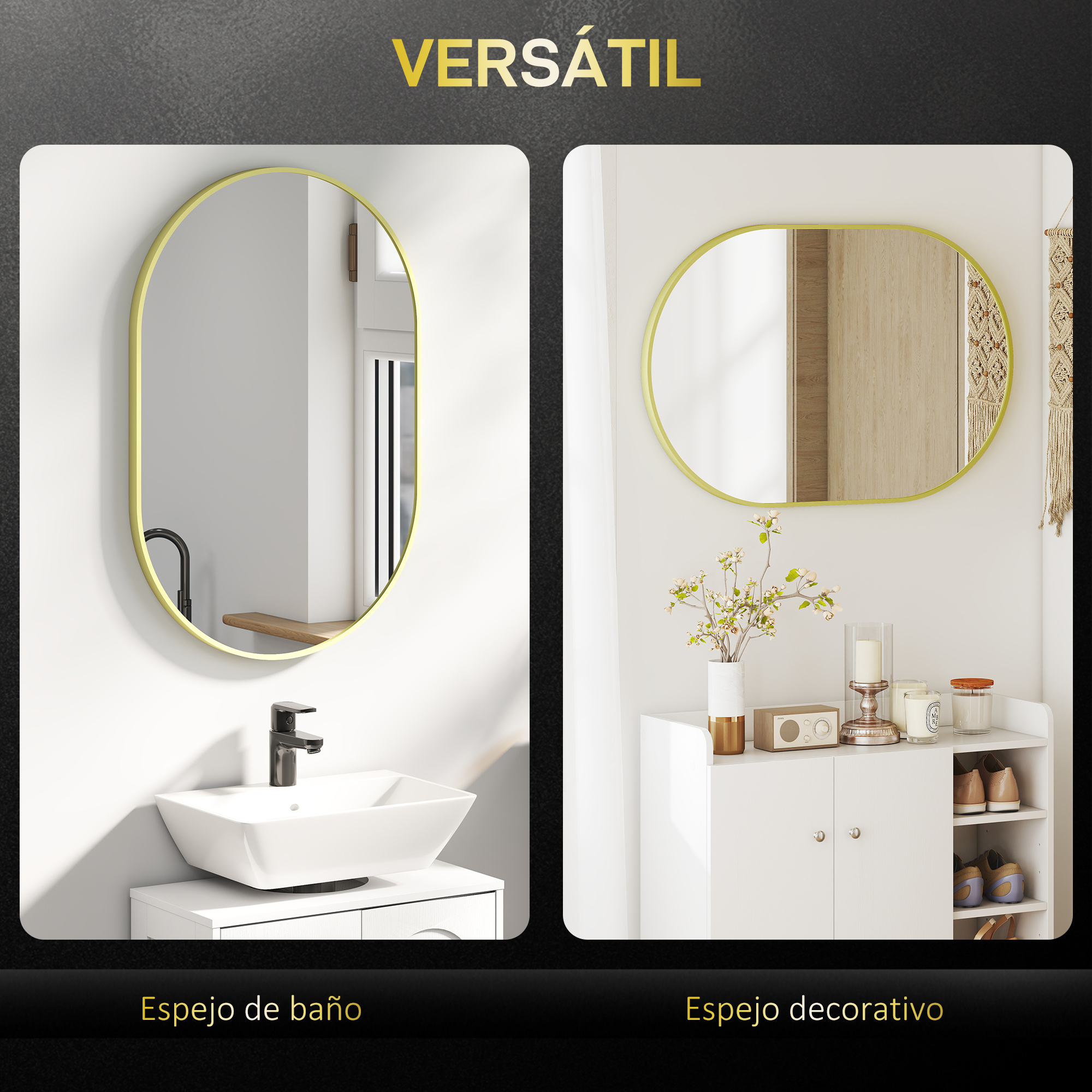 Un espejo ovalado sobre un lavabo y otro espejo ovalado sobre un mueble blanco.