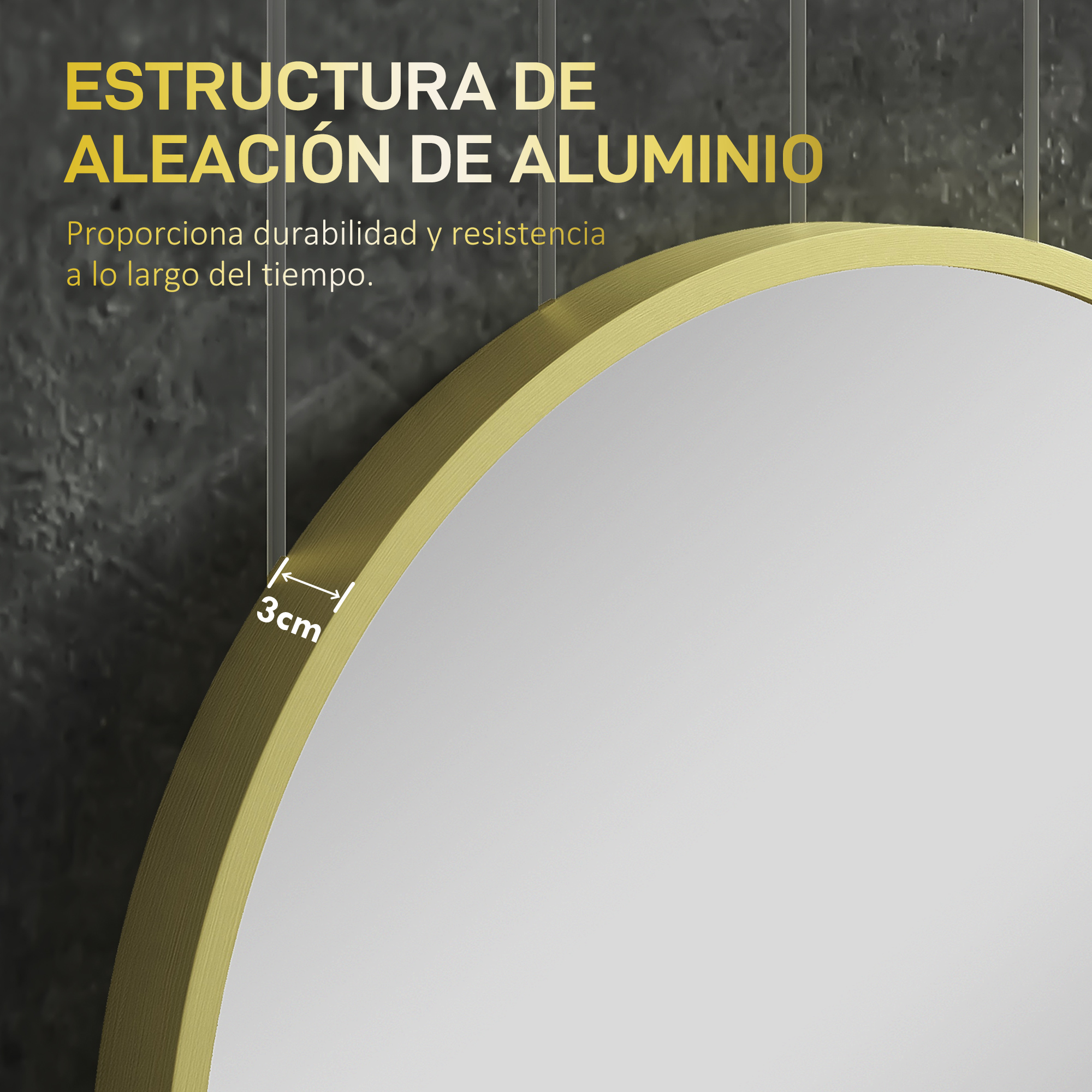 Un marco de espejo dorado de 3 cm de grosor sobre fondo oscuro.