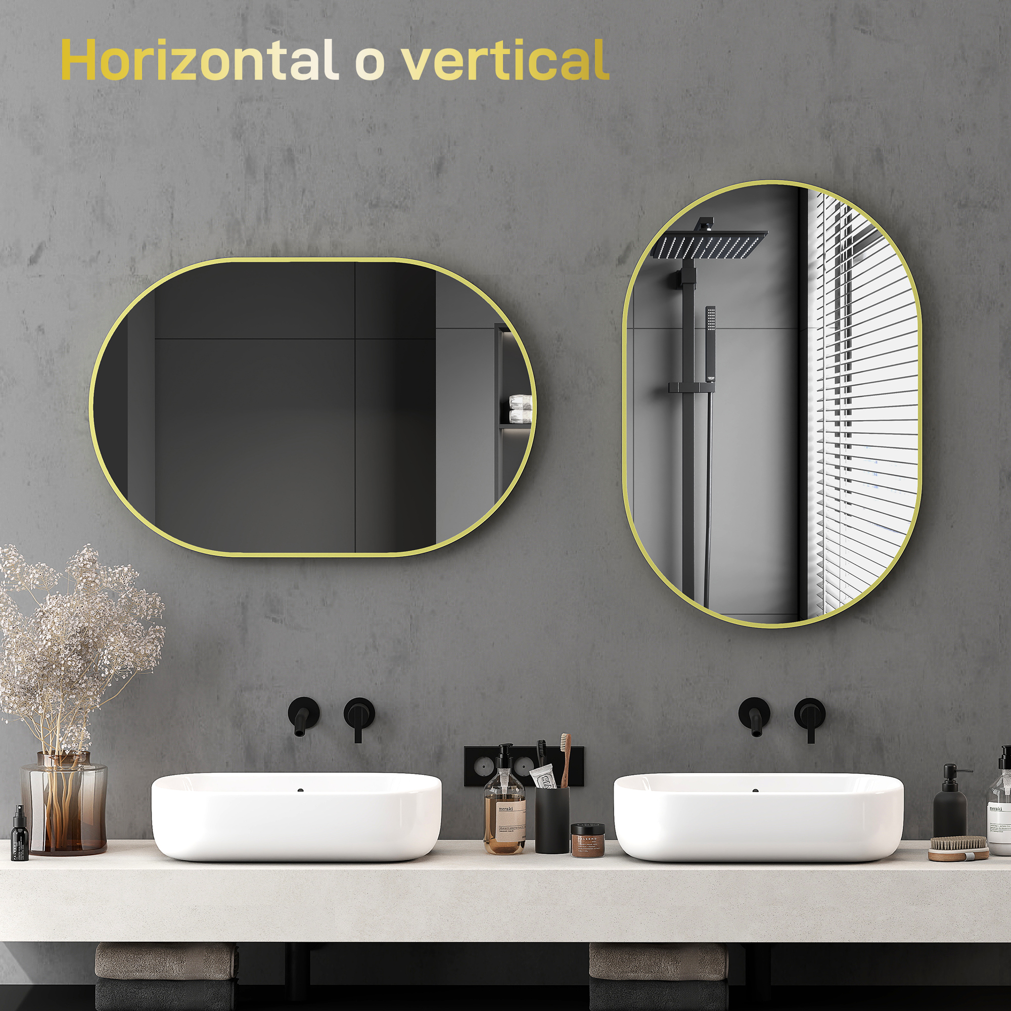 Baño con dos lavabos, espejos, ducha y pared de hormigón.