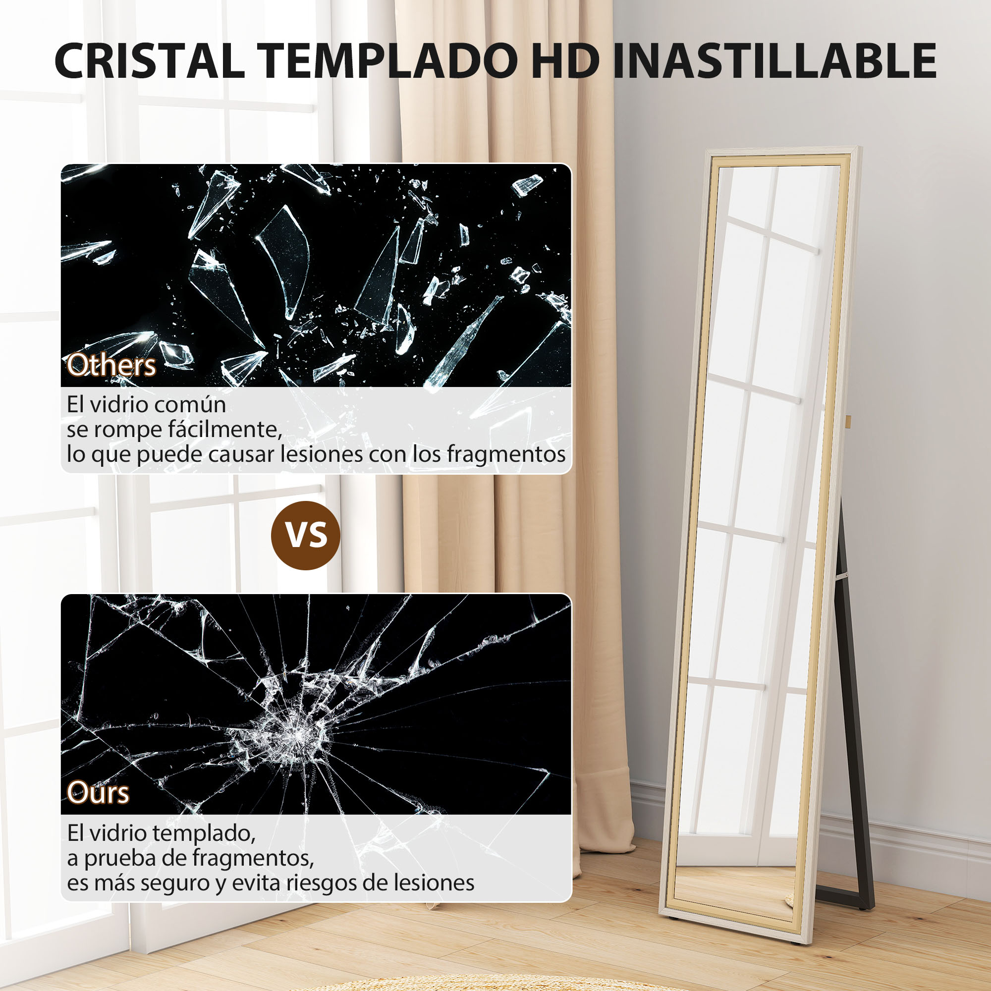 Imagen que compara el vidrio normal roto con el vidrio templado hecho añicos, con un espejo de cuerpo entero a la derecha.