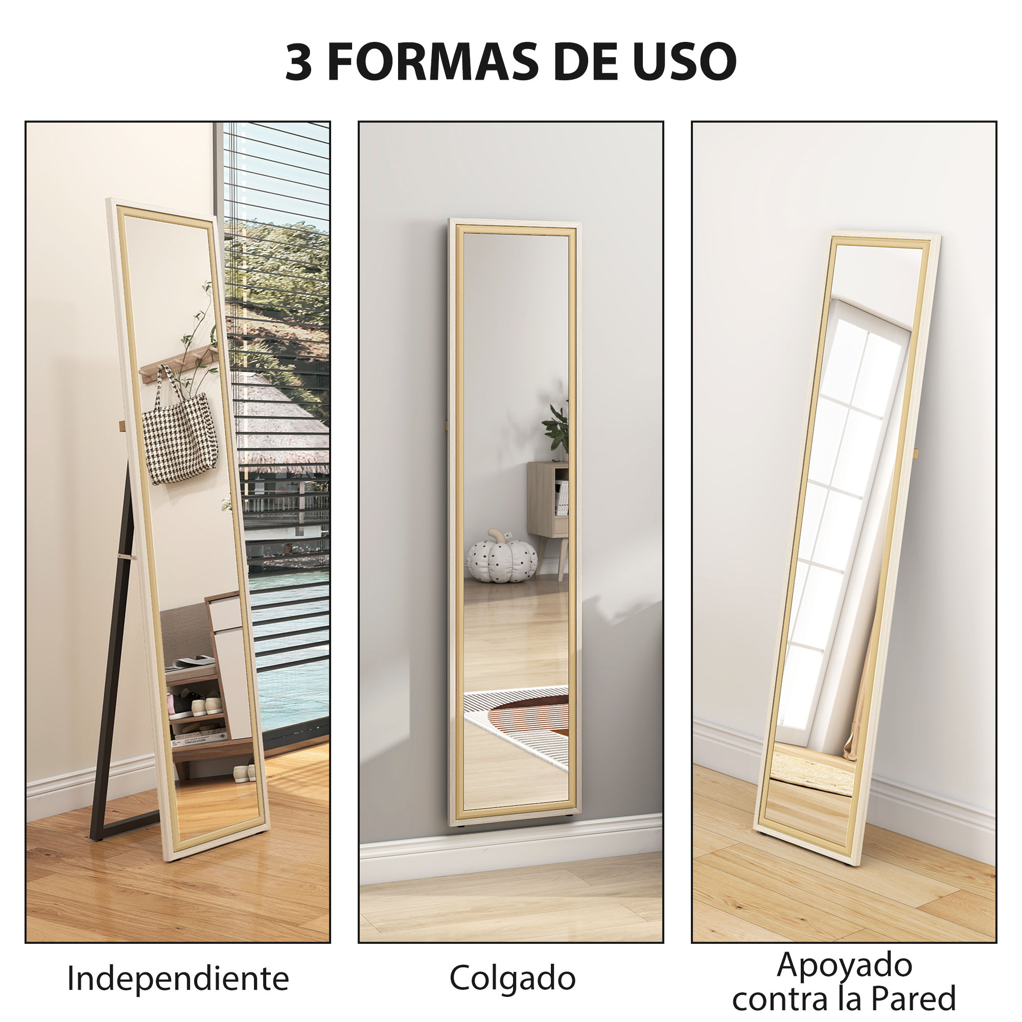 Un espejo alto con marco dorado se muestra en tres usos.