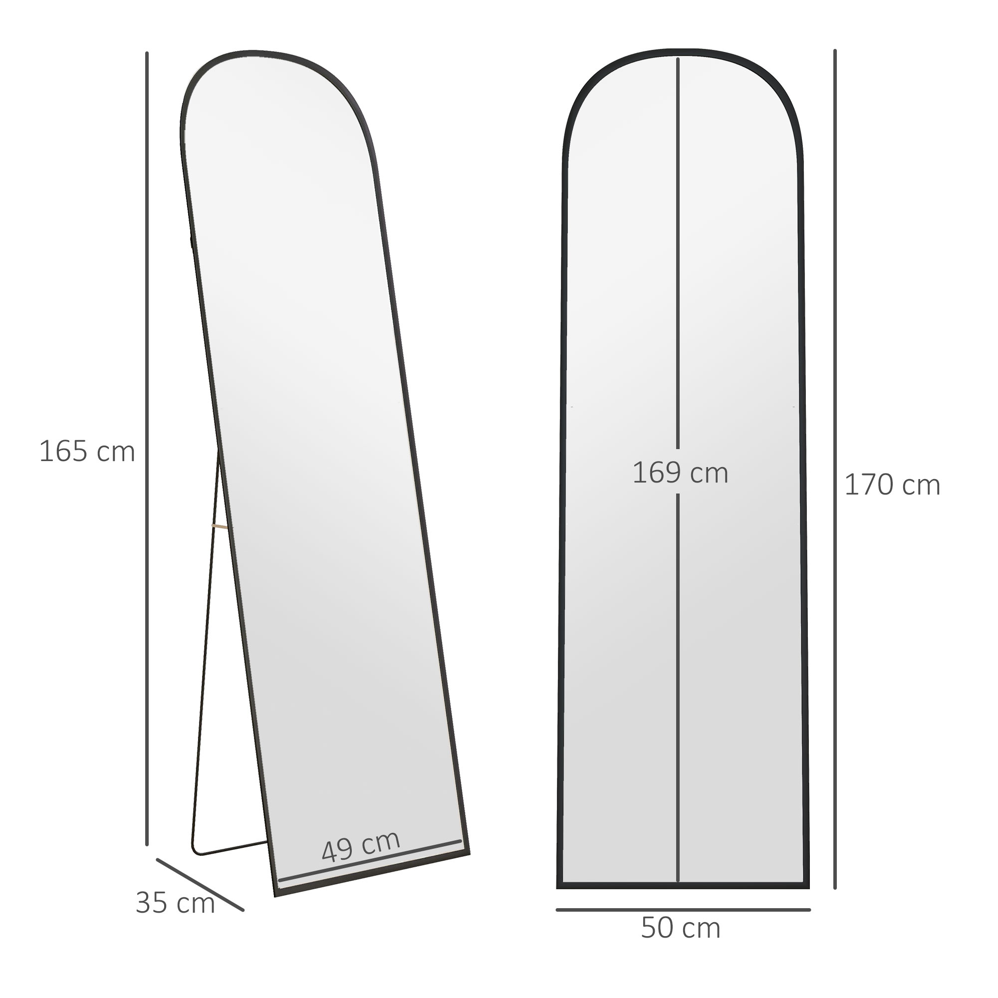 Dos espejos altos y rectangulares con parte superior arqueada. Uno está apoyado en un soporte.