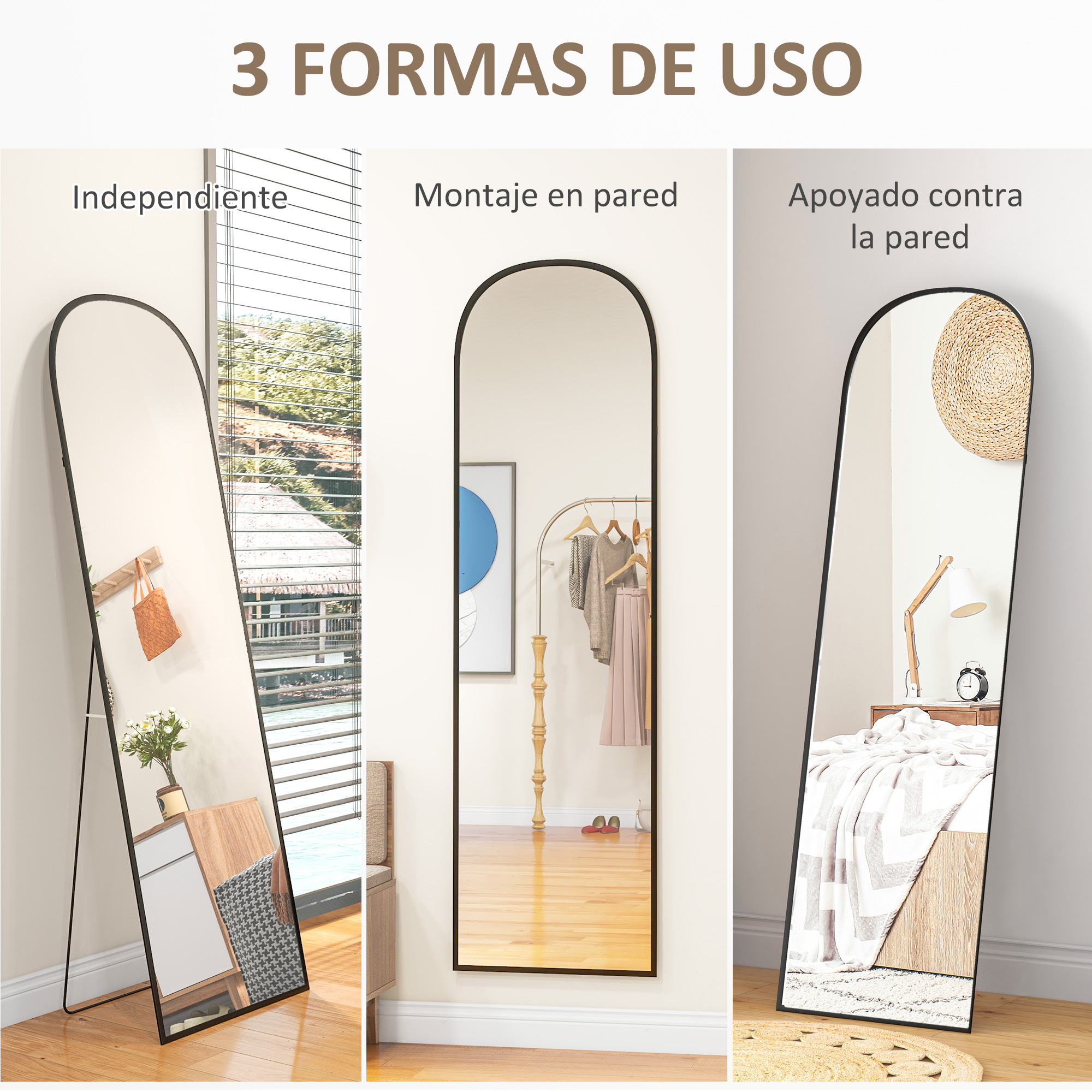 Tres espejos en diferentes posiciones: independiente, montado en pared y apoyado.