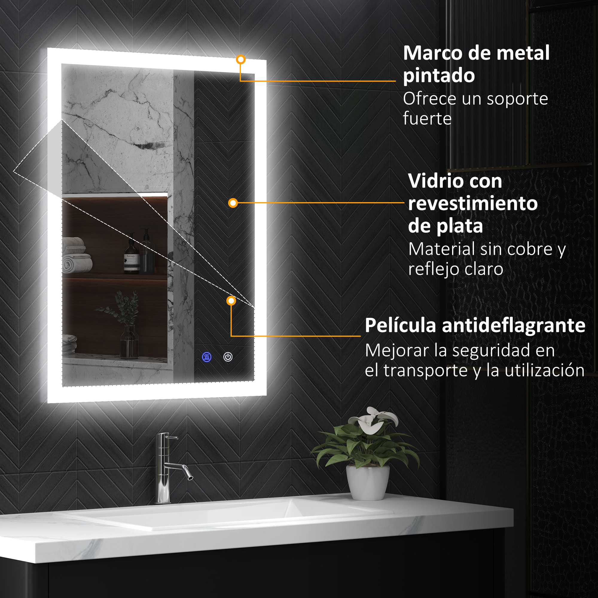Un espejo iluminado sobre un lavabo con grifo y planta en maceta.