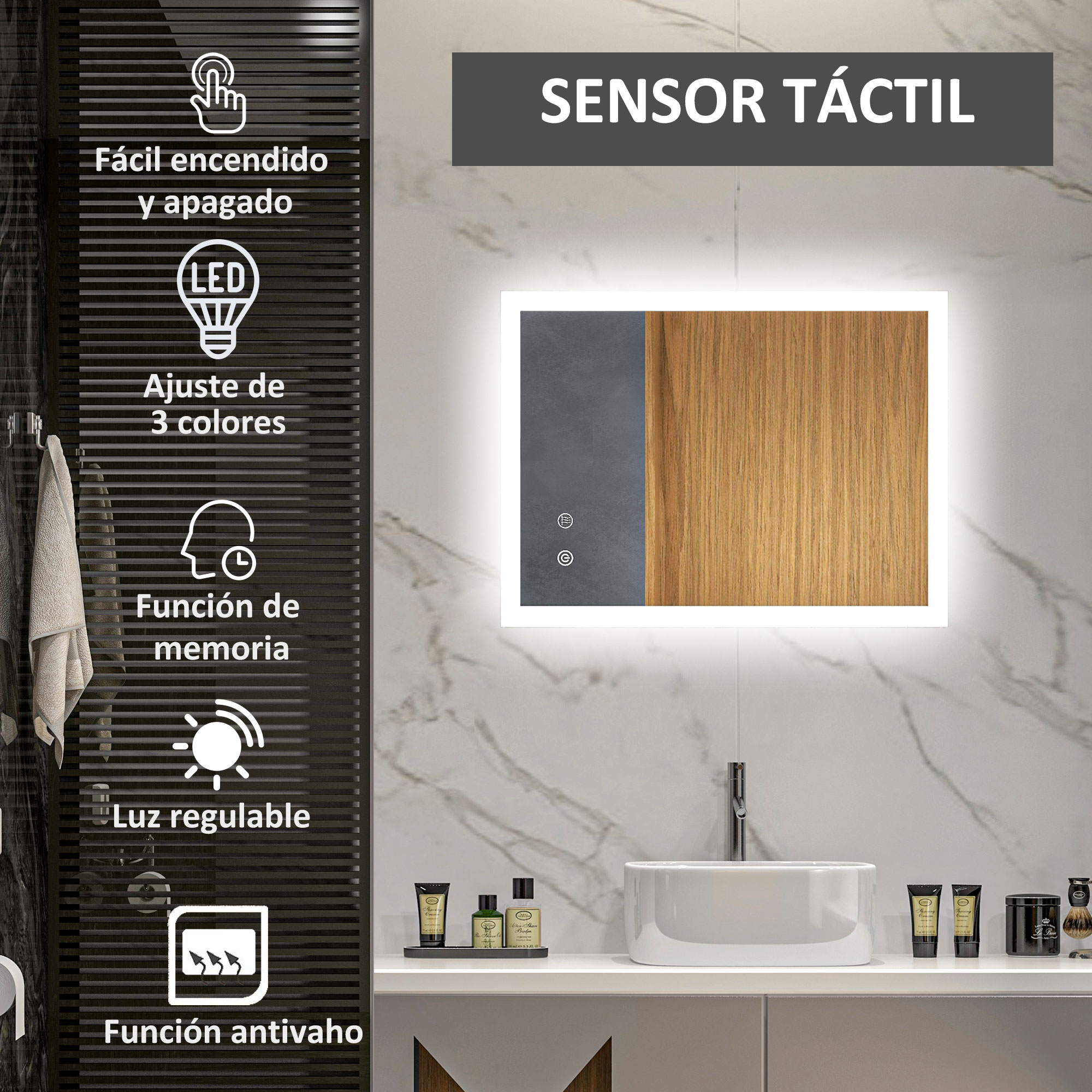 Espejo de baño con iluminación LED, detalles de madera y sensor táctil.