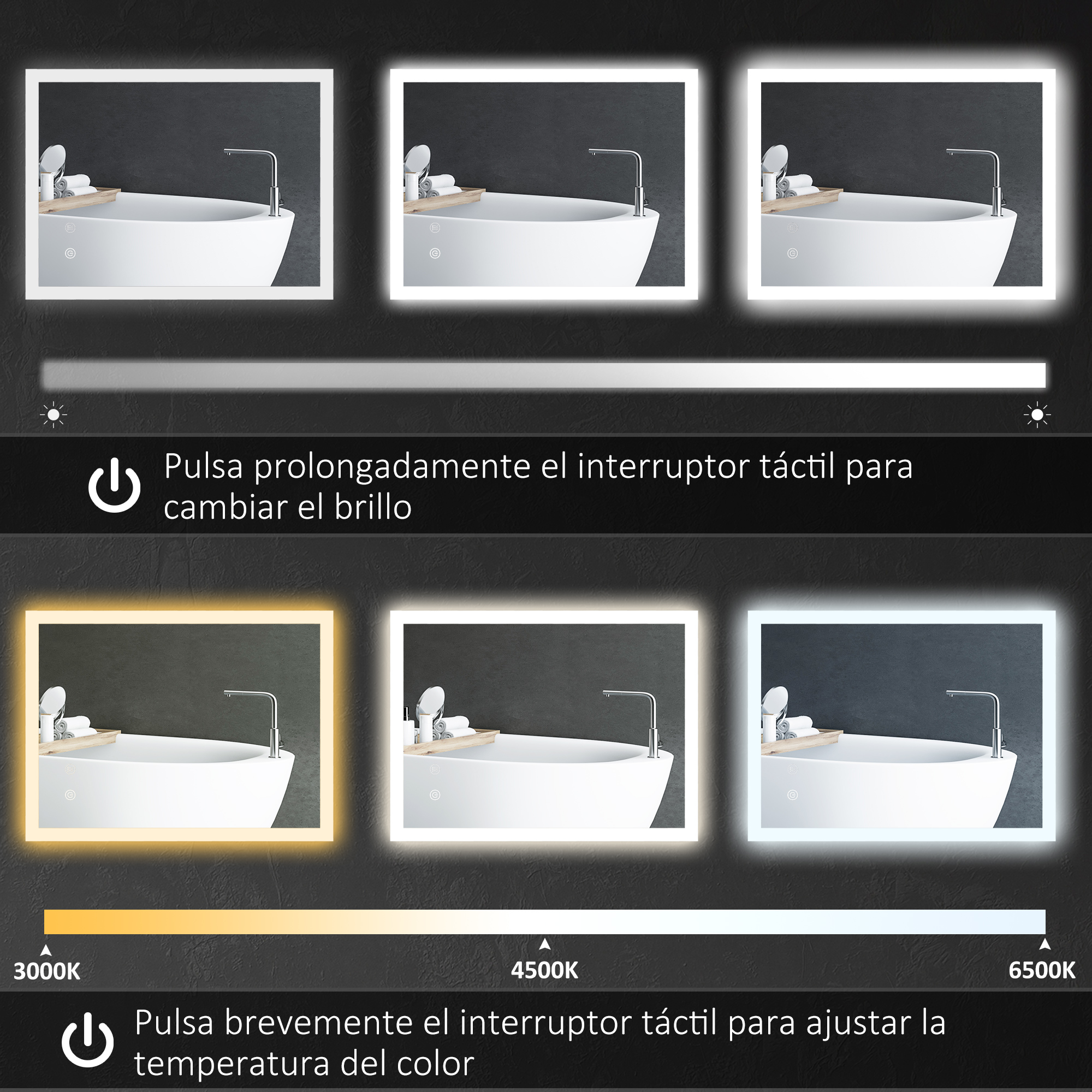 Espejo de baño con brillo y temperatura de color ajustables.