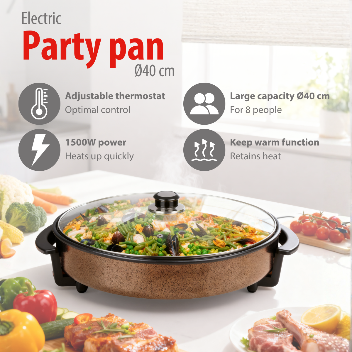 Electric party pan, 40cm, with adjustable thermostat, 1500W power, serves 8 people.