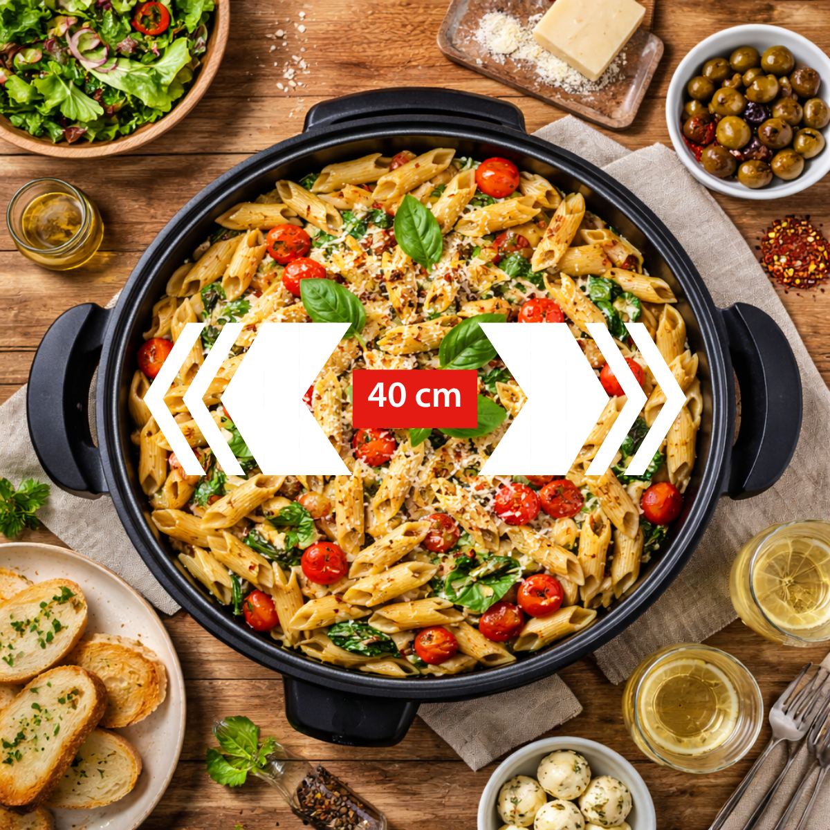 Penne pasta with cherry tomatoes and spinach in a 40cm pan.
