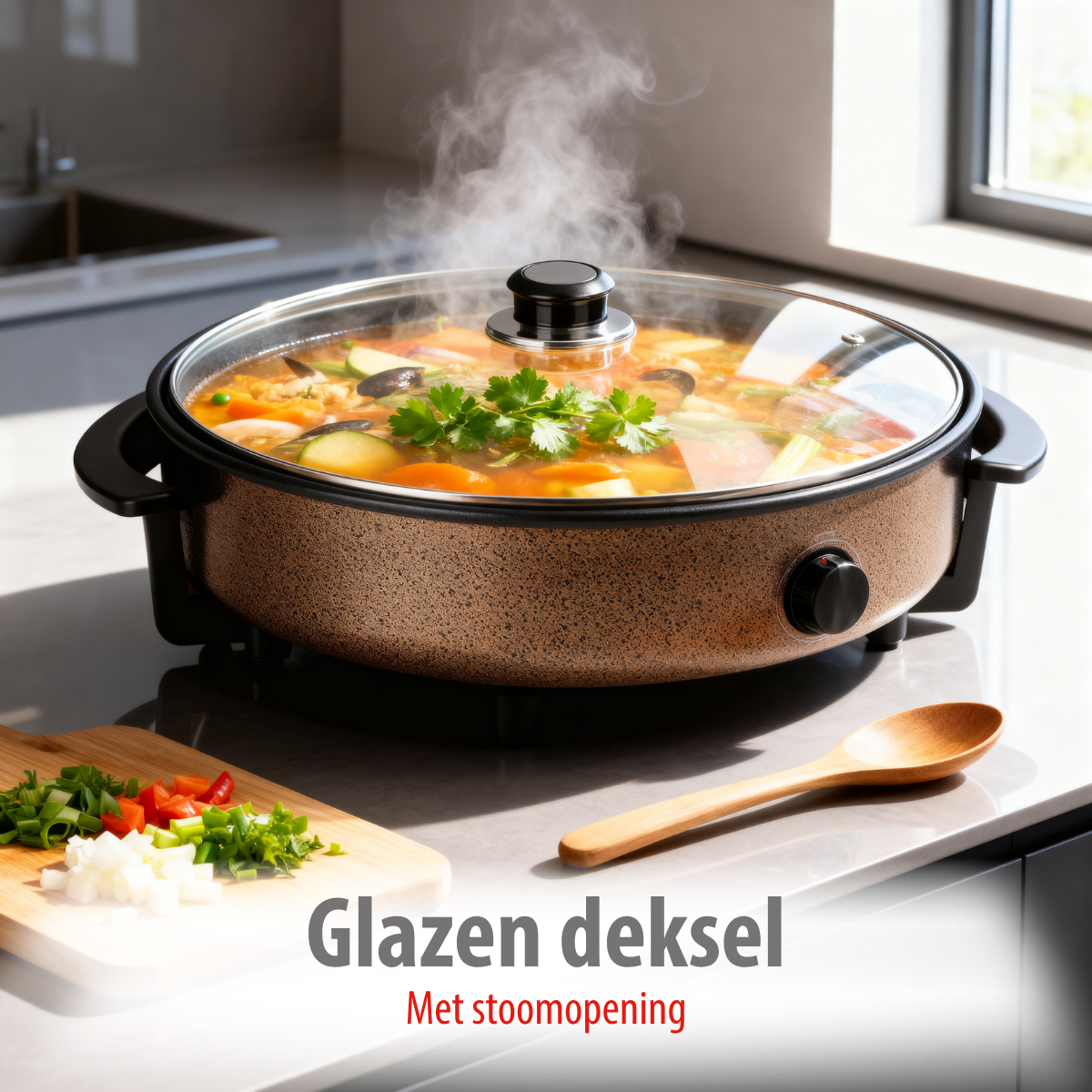 Steaming pot with vegetables and glass lid, beside wooden utensils and chopped ingredients.