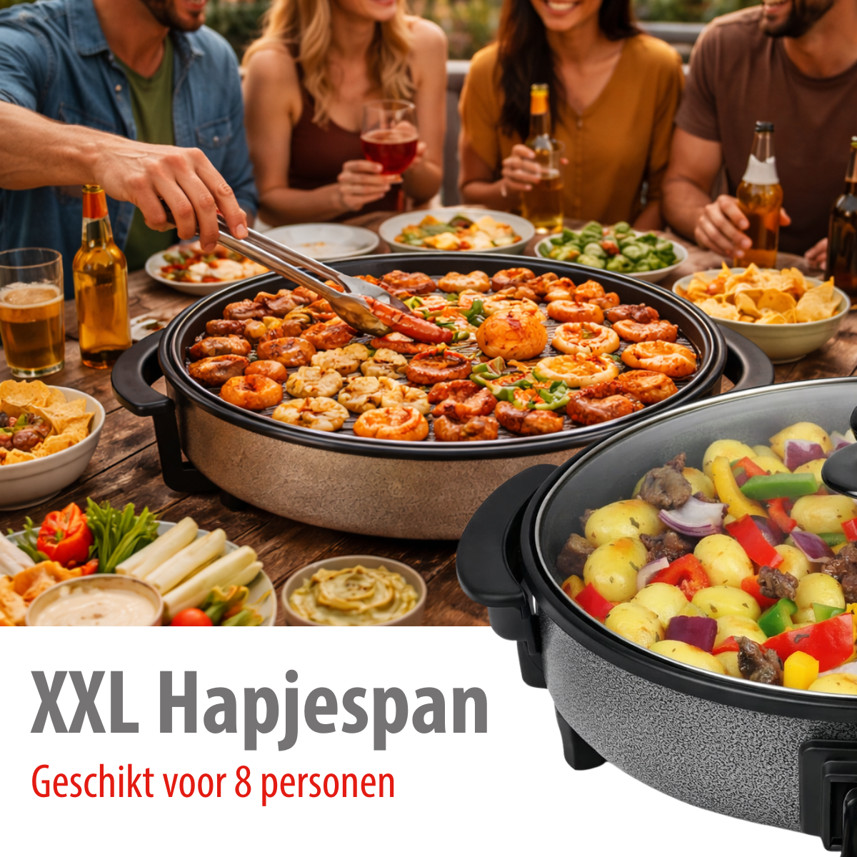 People grilling at a table with food and drinks. An XXL Hapjespan is visible.