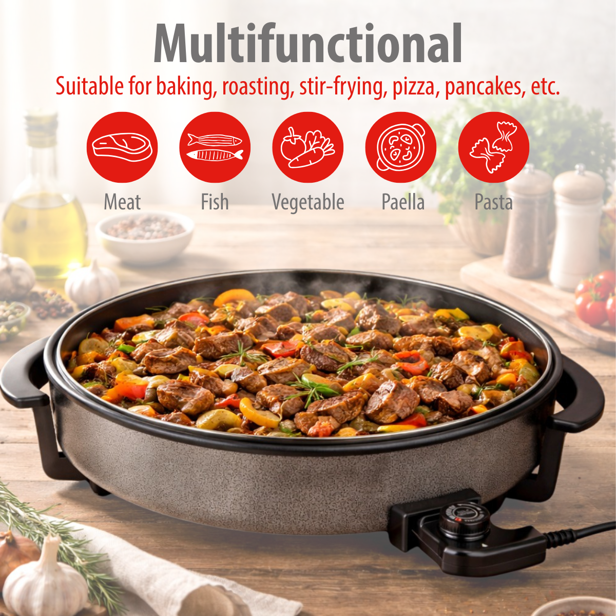 A multifunctional pan filled with a hearty stew of meat and vegetables.