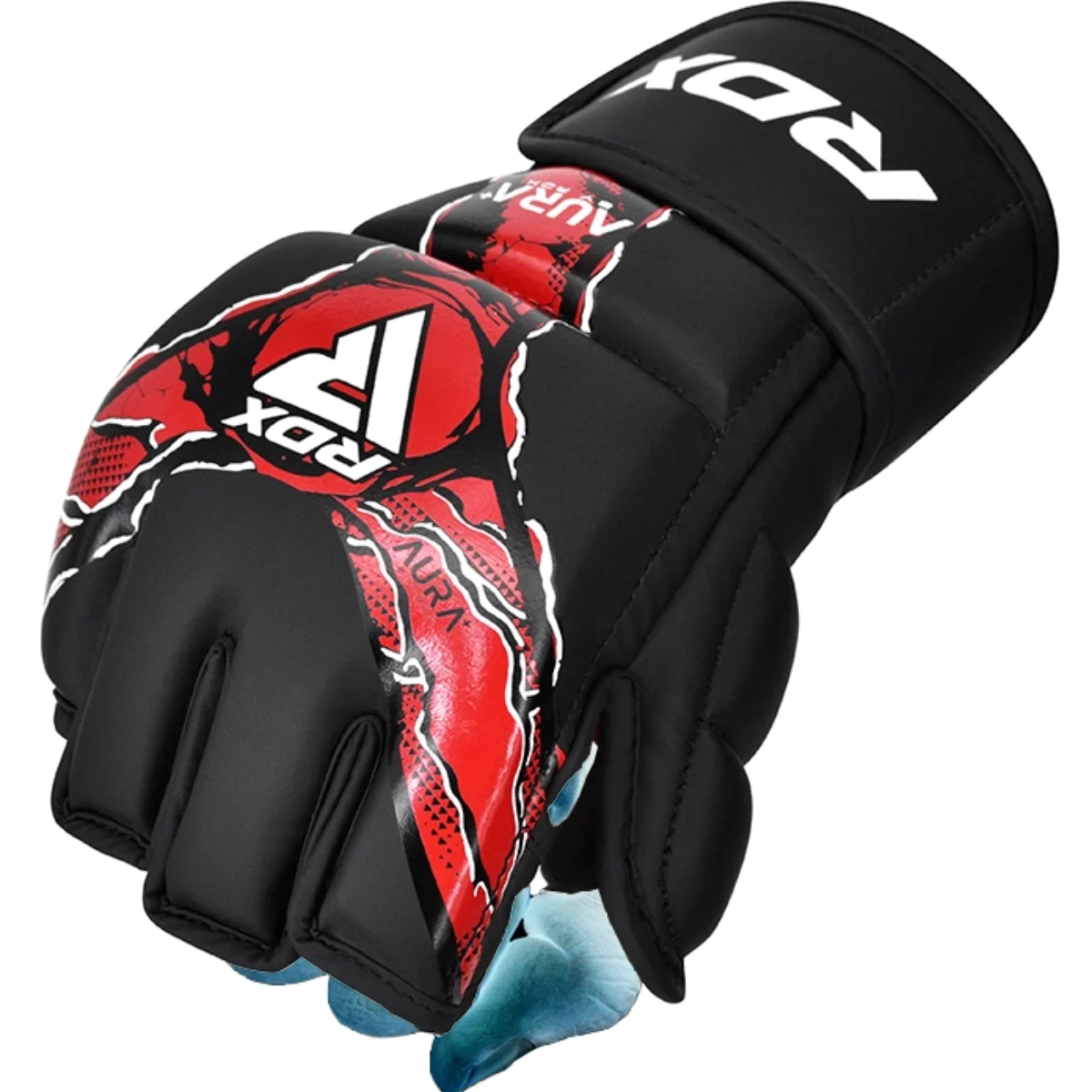 Black MMA gloves featuring a red RDX logo and white lettering.