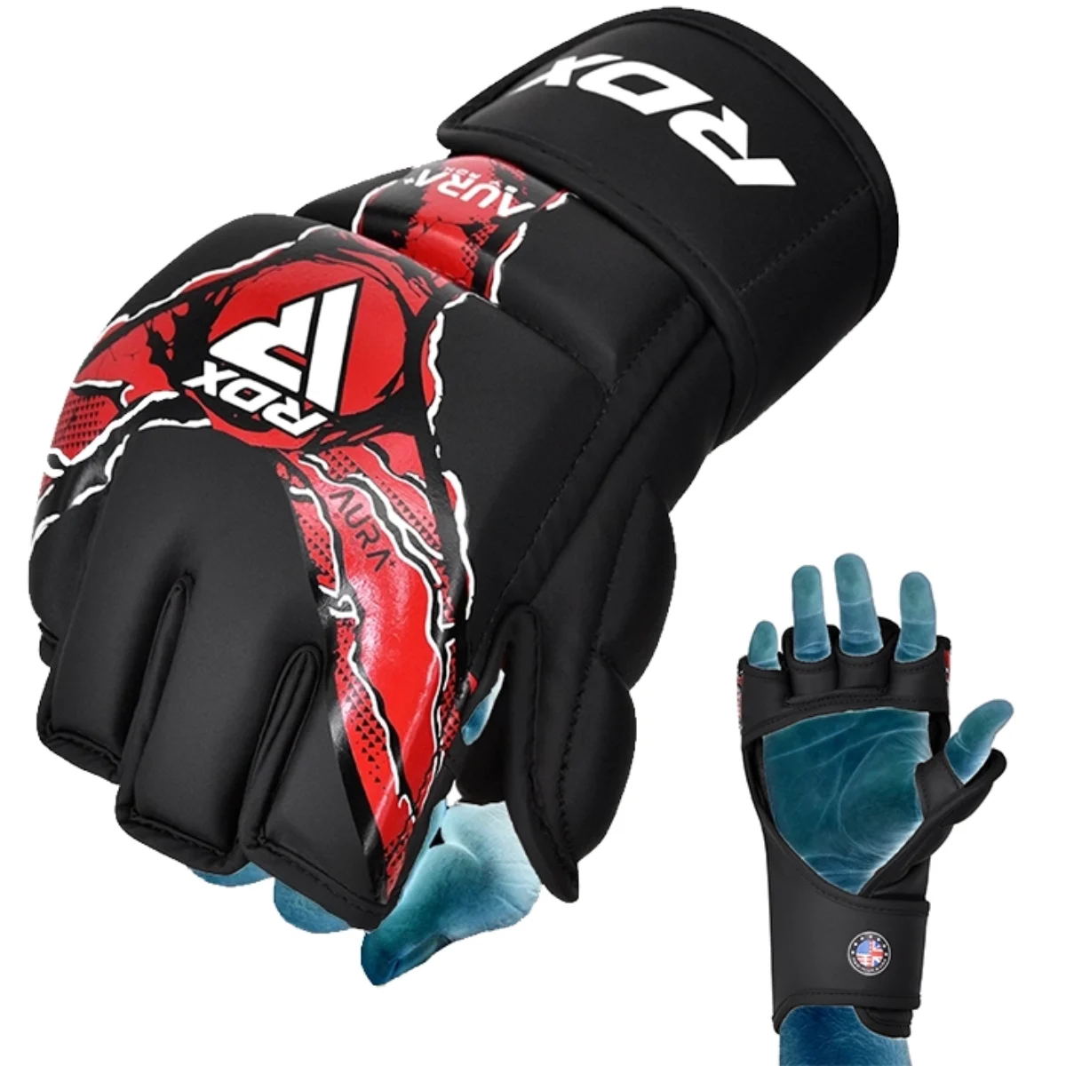 Black MMA gloves with red pattern and white RDX logo. A smaller glove is next to it.