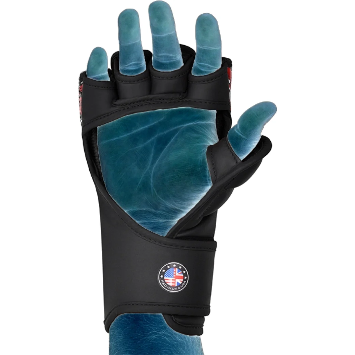 Black training glove on blue hand, showing fingers and wrist strap with UK & USA flag emblem.