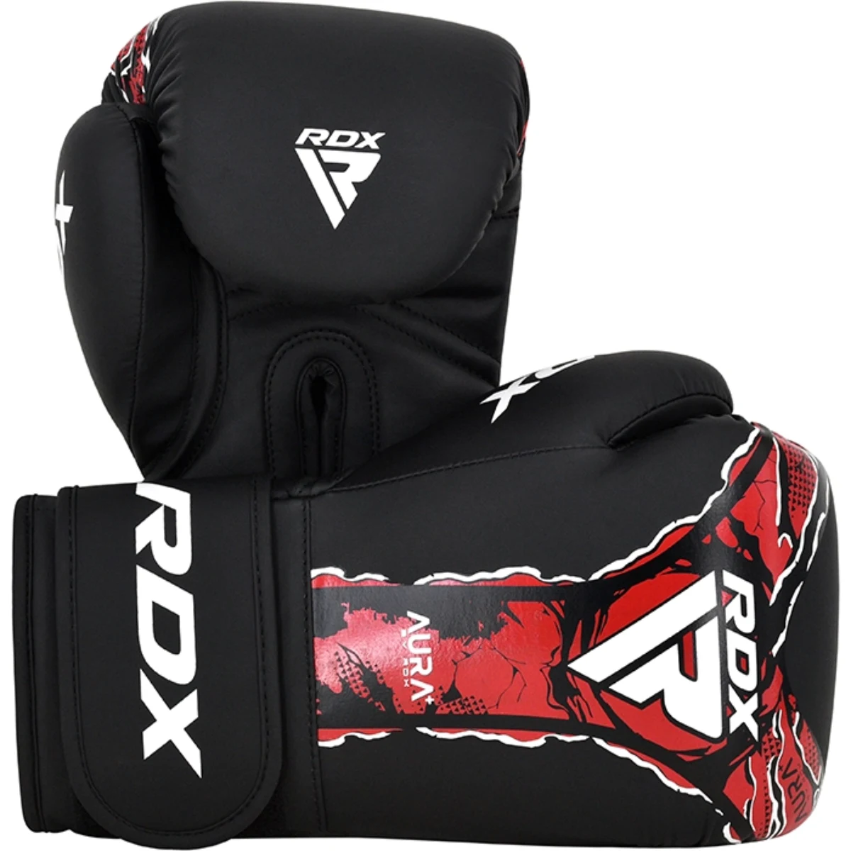 Black boxing gloves with red and white print and RDX logo.