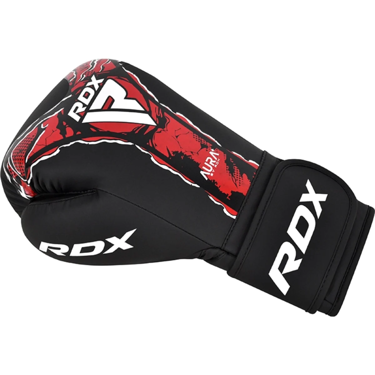 A black boxing glove with red and white accents and RDX logo.