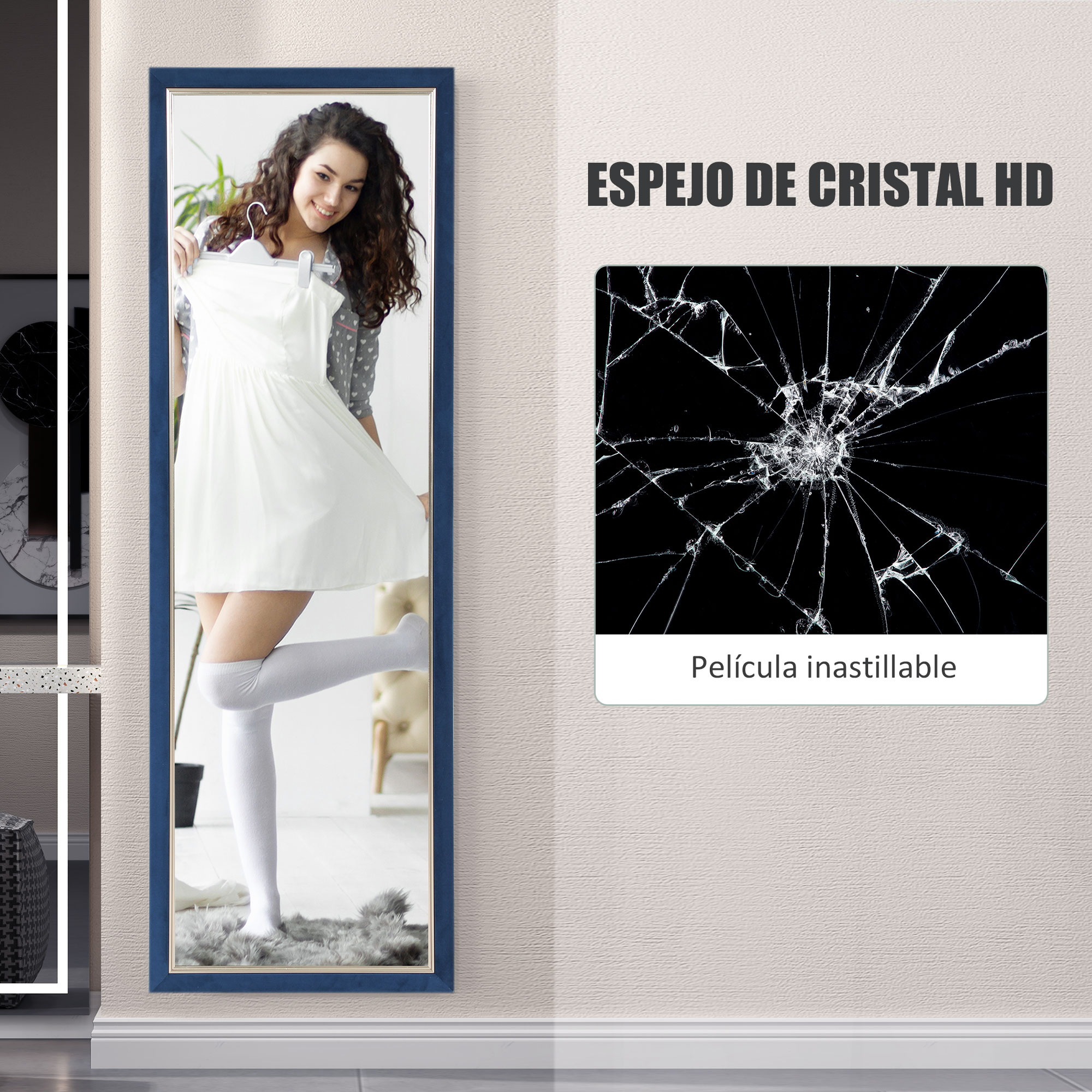 Mujer sostiene vestido blanco frente a espejo con imagen de vidrio roto.